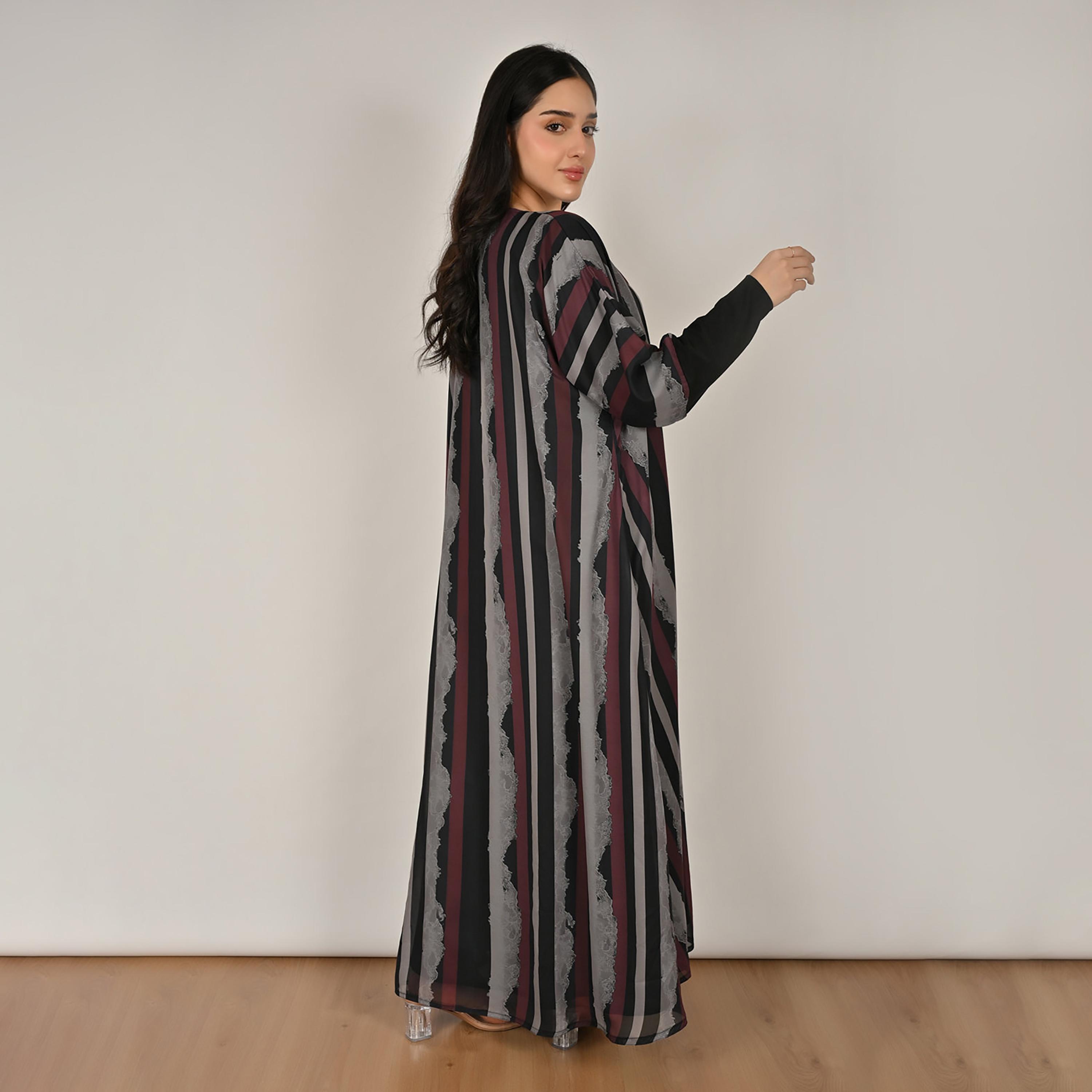 عباية نسائية من الكتان من هورا، متعددة الألوان، بأكمام مطاطية، مزينة بالدانتيل والخطوط، مفتوحة من الأمام، مع حجاب-women-arabicclothing-abayas-image-5