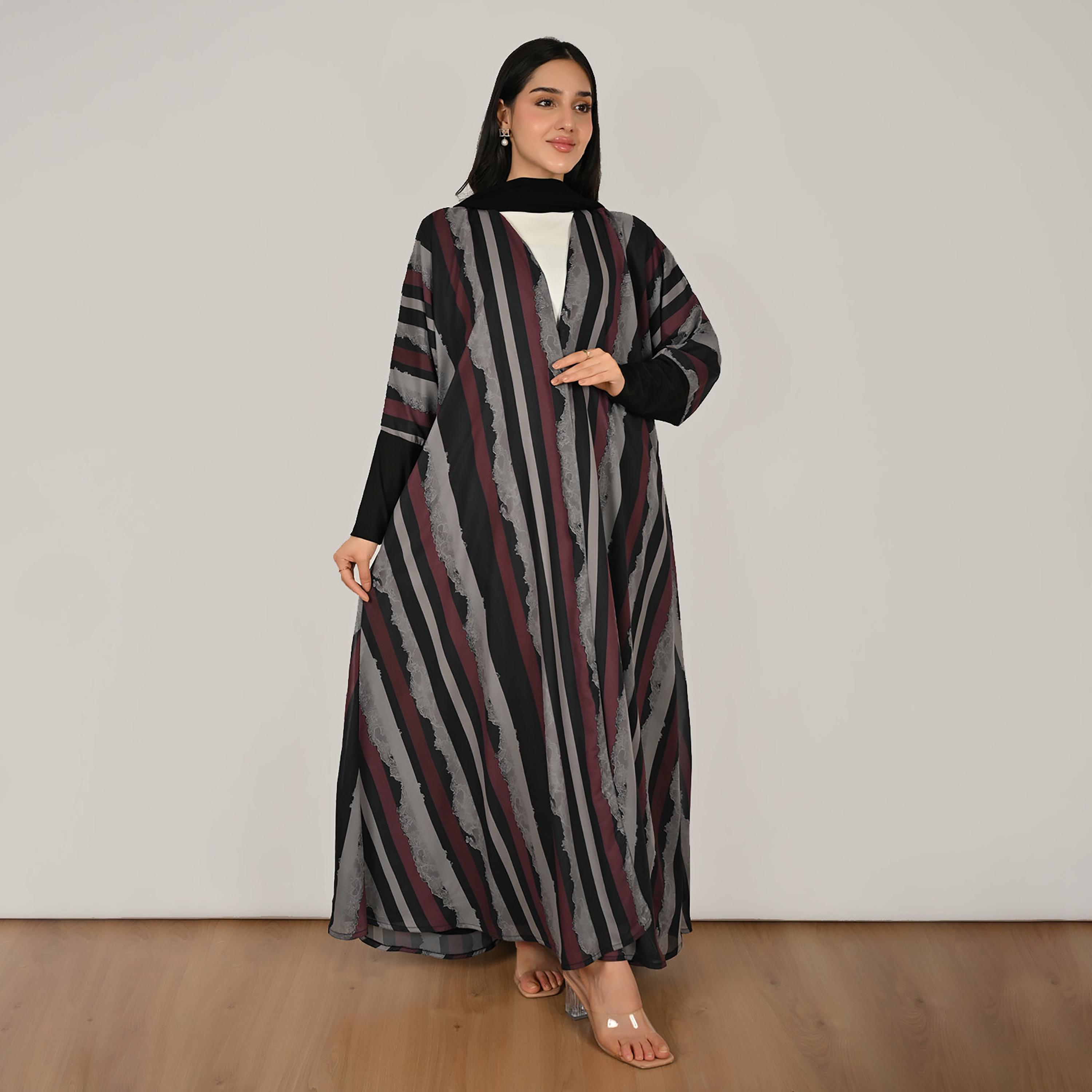 عباية نسائية من الكتان من هورا، متعددة الألوان، بأكمام مطاطية، مزينة بالدانتيل والخطوط، مفتوحة من الأمام، مع حجاب-women-arabicclothing-abayas-image-7