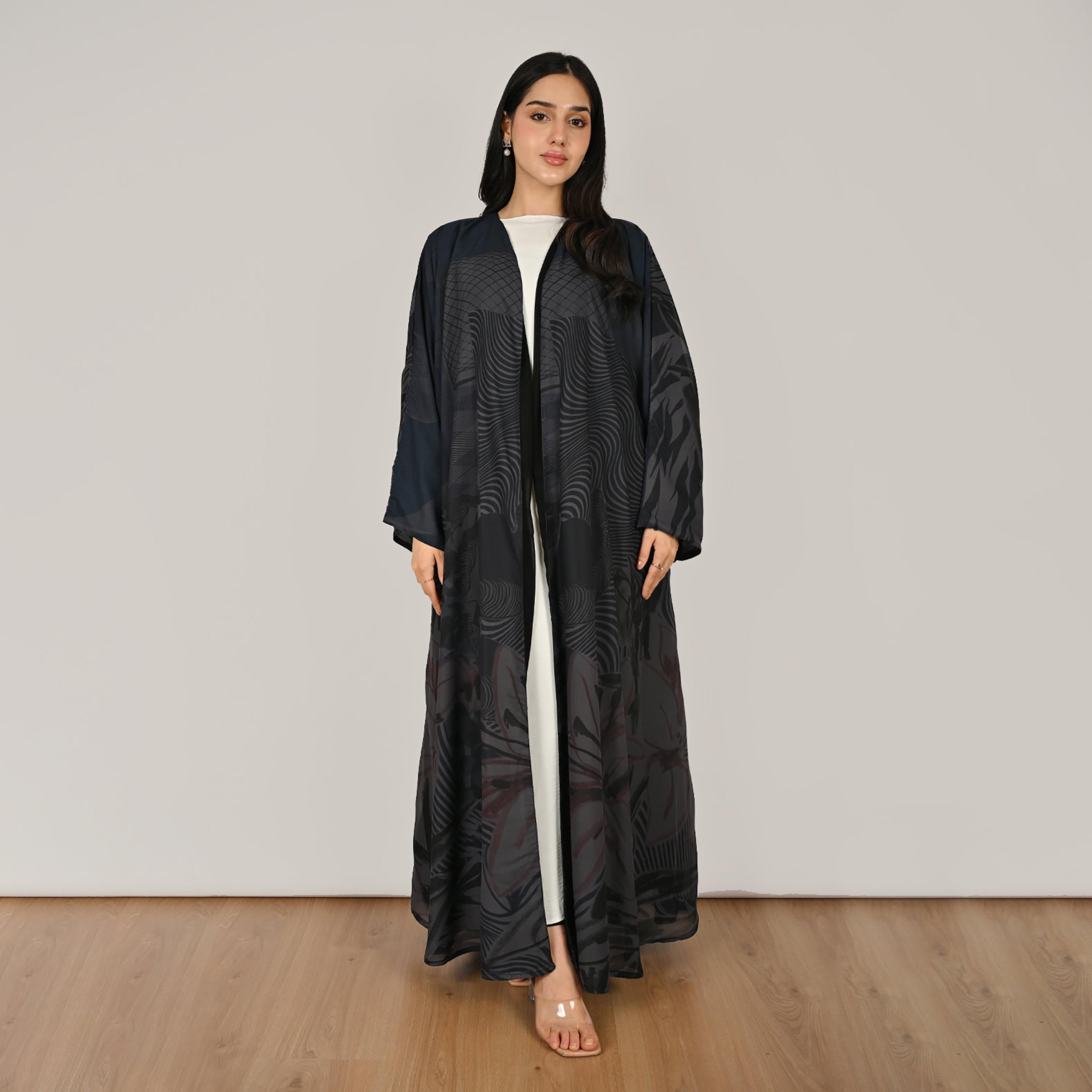 Hawraa Multicolour Wide Sleeves Abstract Print Open Front Women's Double Face Linen Abaya with Hijab-women-arabicclothing-abayas-image-1