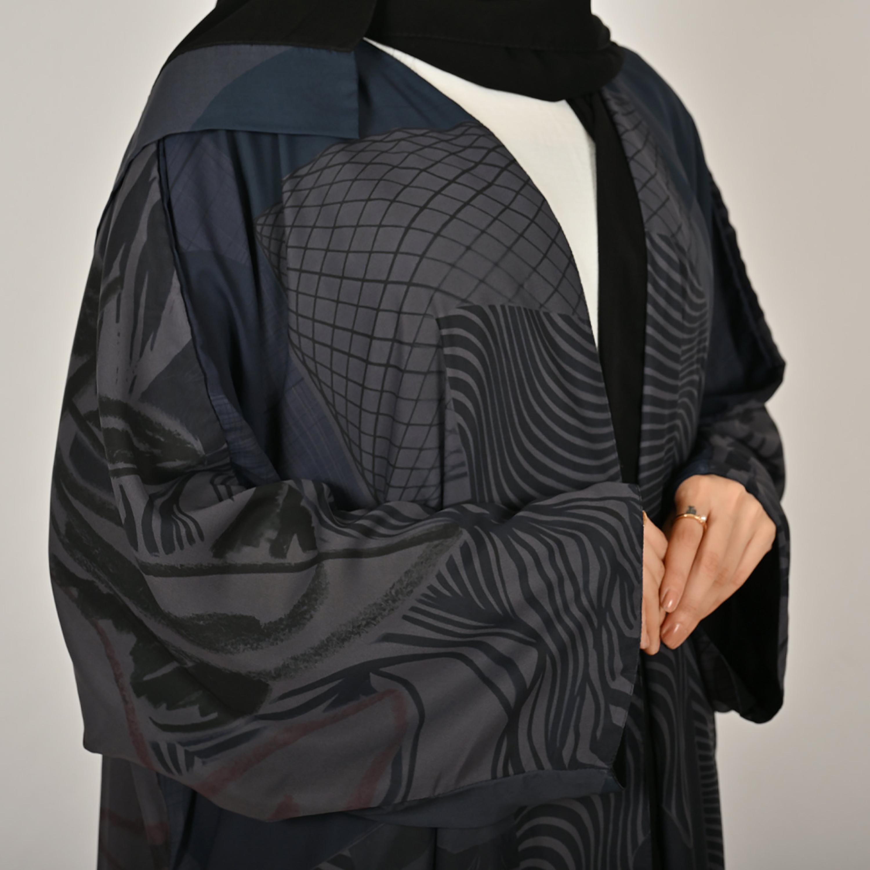 Hawraa Multicolour Wide Sleeves Abstract Print Open Front Women's Double Face Linen Abaya with Hijab-women-arabicclothing-abayas-image-2