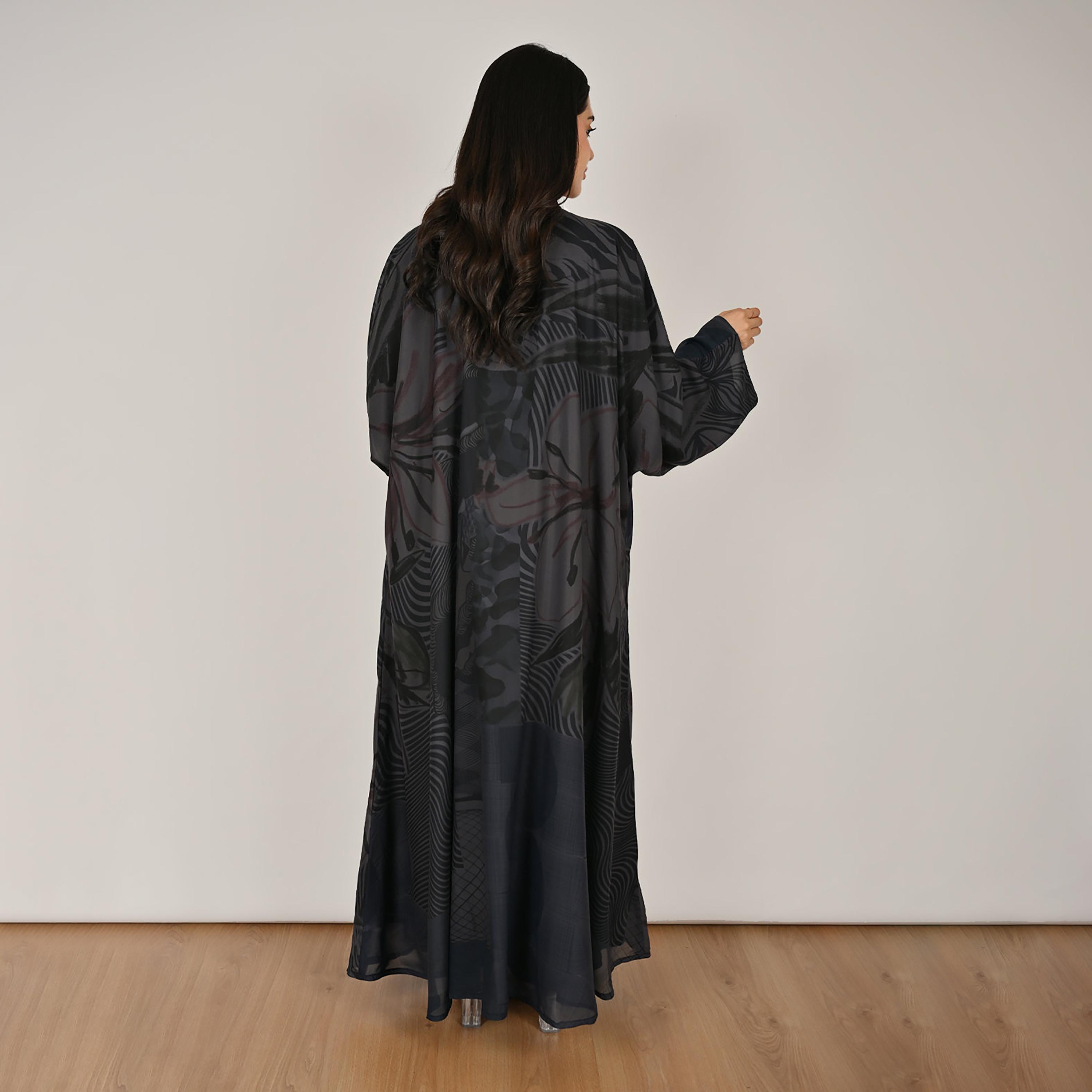 Hawraa Multicolour Wide Sleeves Abstract Print Open Front Women's Double Face Linen Abaya with Hijab-women-arabicclothing-abayas-image-3