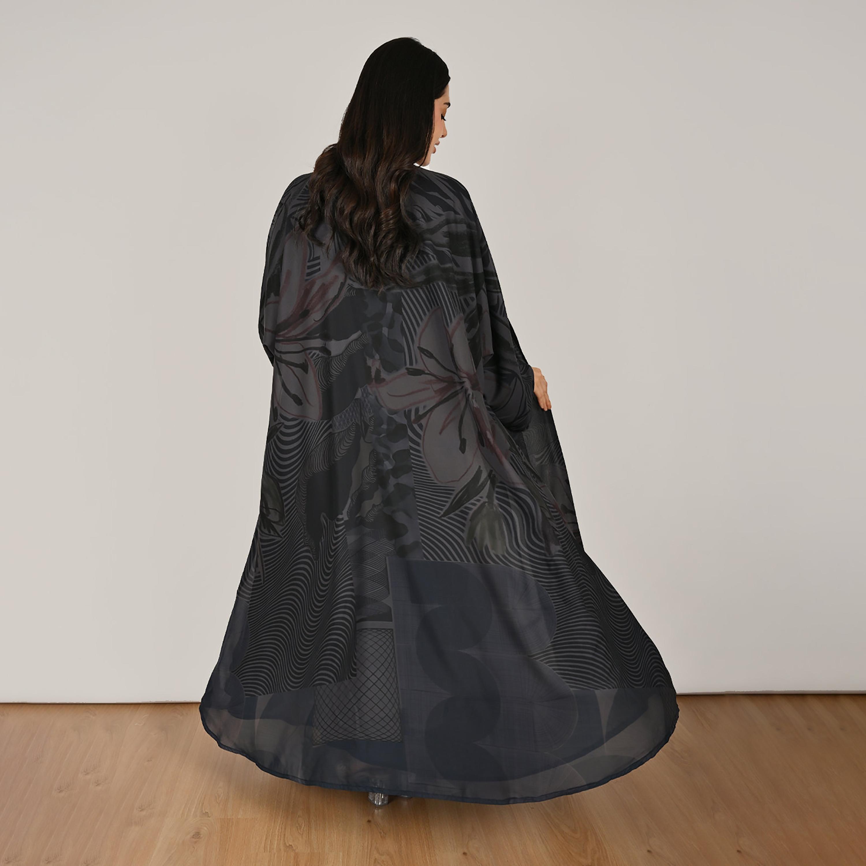 Hawraa Multicolour Wide Sleeves Abstract Print Open Front Women's Double Face Linen Abaya with Hijab-women-arabicclothing-abayas-image-4