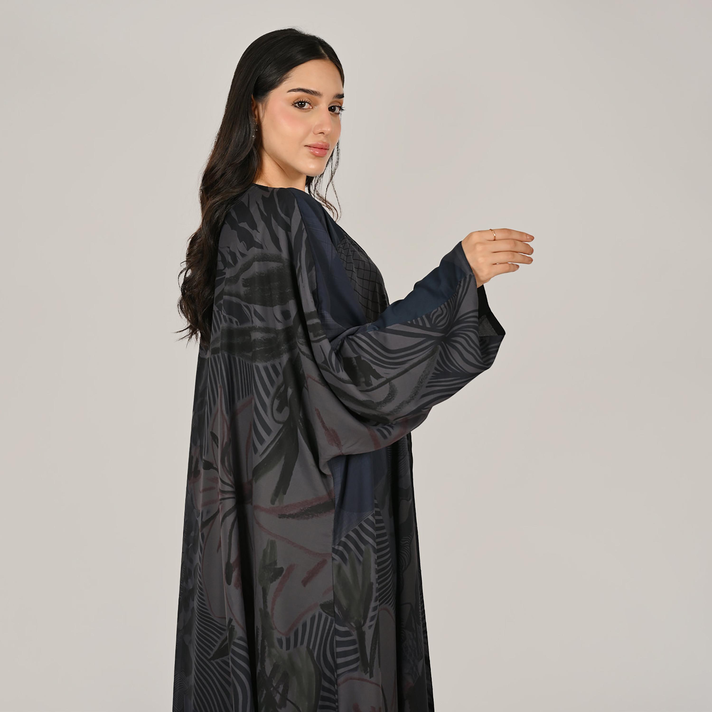 Hawraa Multicolour Wide Sleeves Abstract Print Open Front Women's Double Face Linen Abaya with Hijab-women-arabicclothing-abayas-image-5