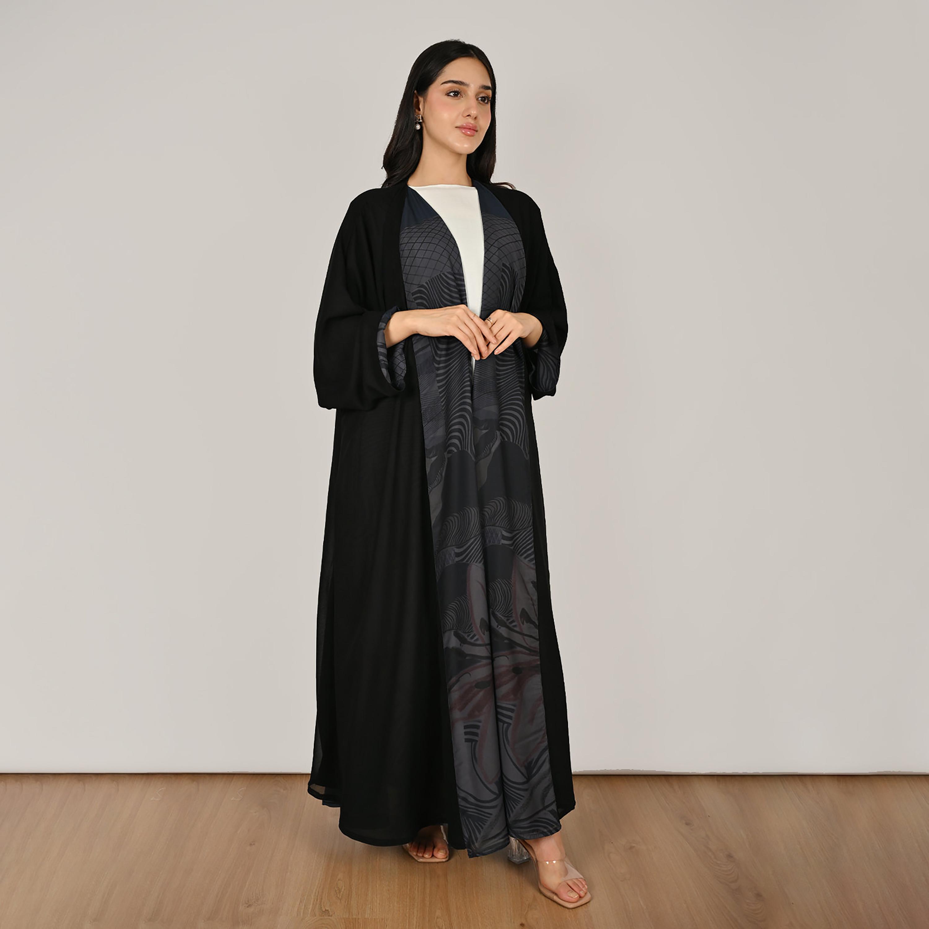 Hawraa Multicolour Wide Sleeves Abstract Print Open Front Women's Double Face Linen Abaya with Hijab-women-arabicclothing-abayas-image-6