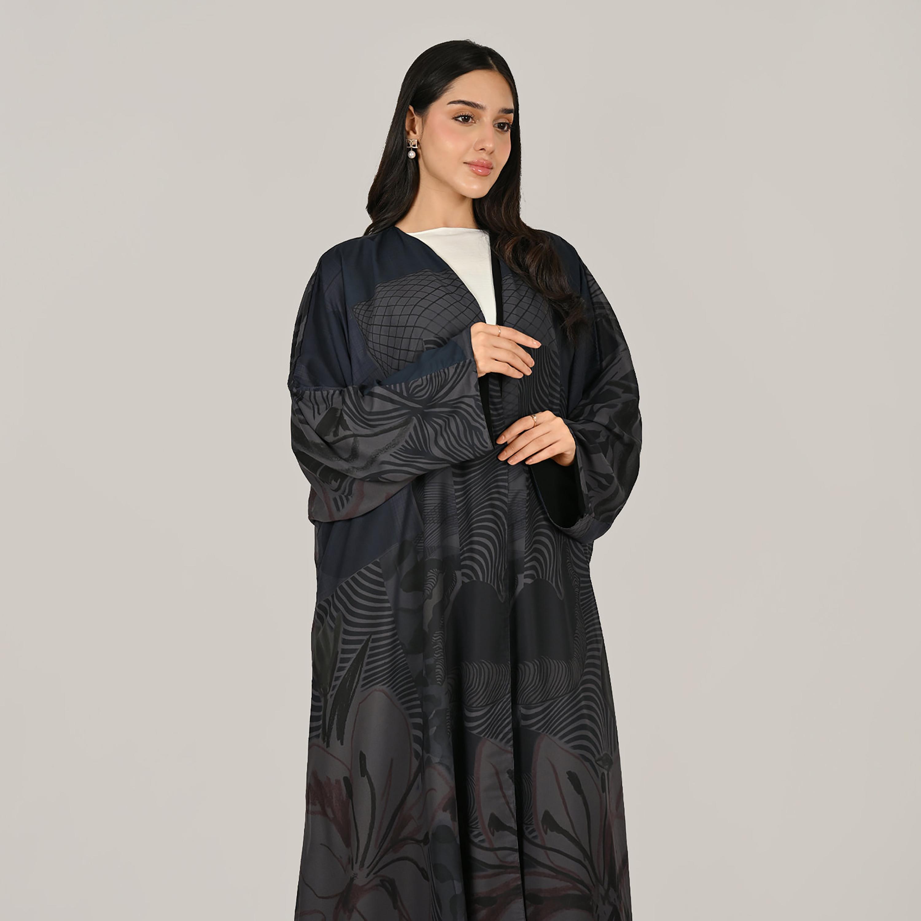 Hawraa Multicolour Wide Sleeves Abstract Print Open Front Women's Double Face Linen Abaya with Hijab-women-arabicclothing-abayas-image-7