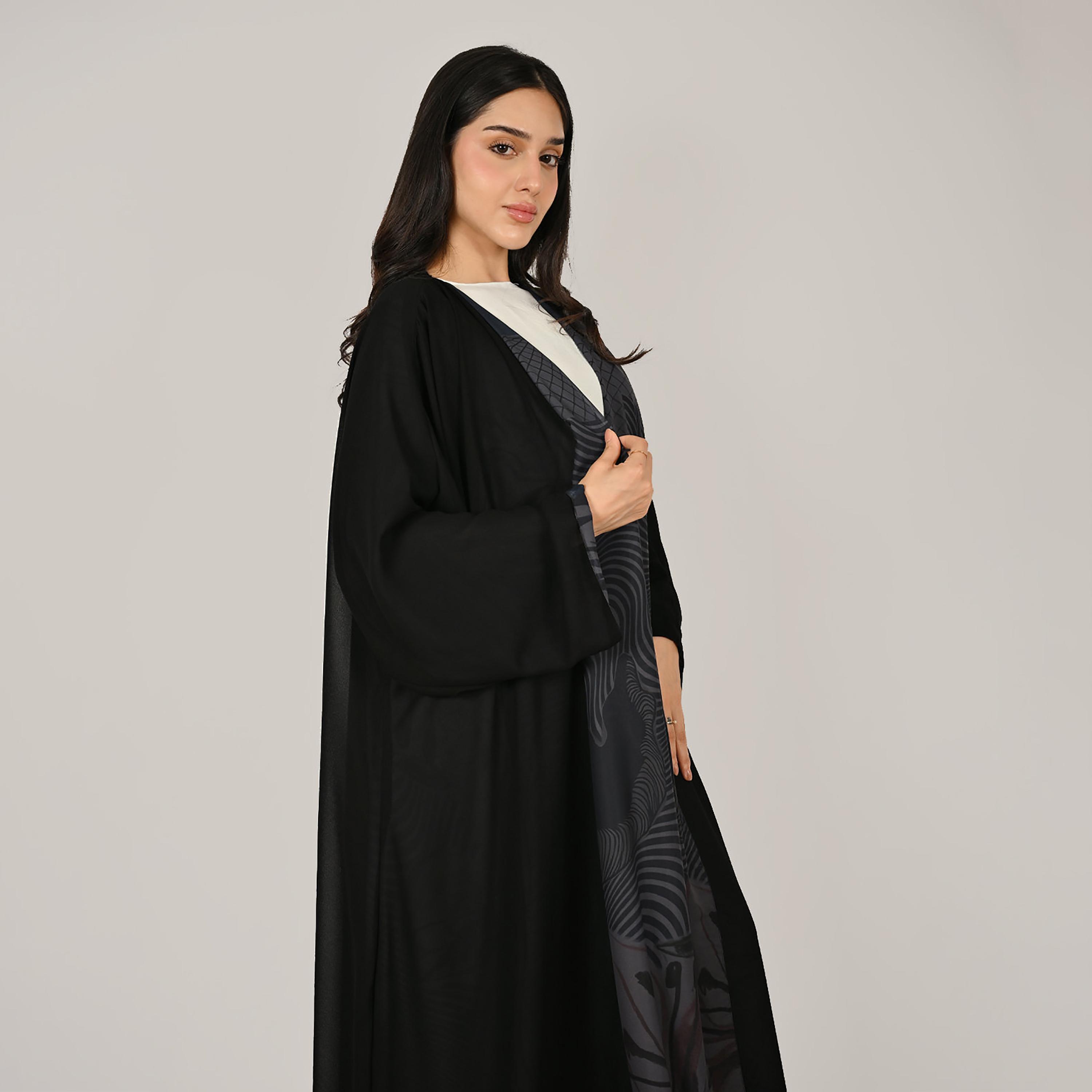Hawraa Multicolour Wide Sleeves Abstract Print Open Front Women's Double Face Linen Abaya with Hijab-women-arabicclothing-abayas-image-8