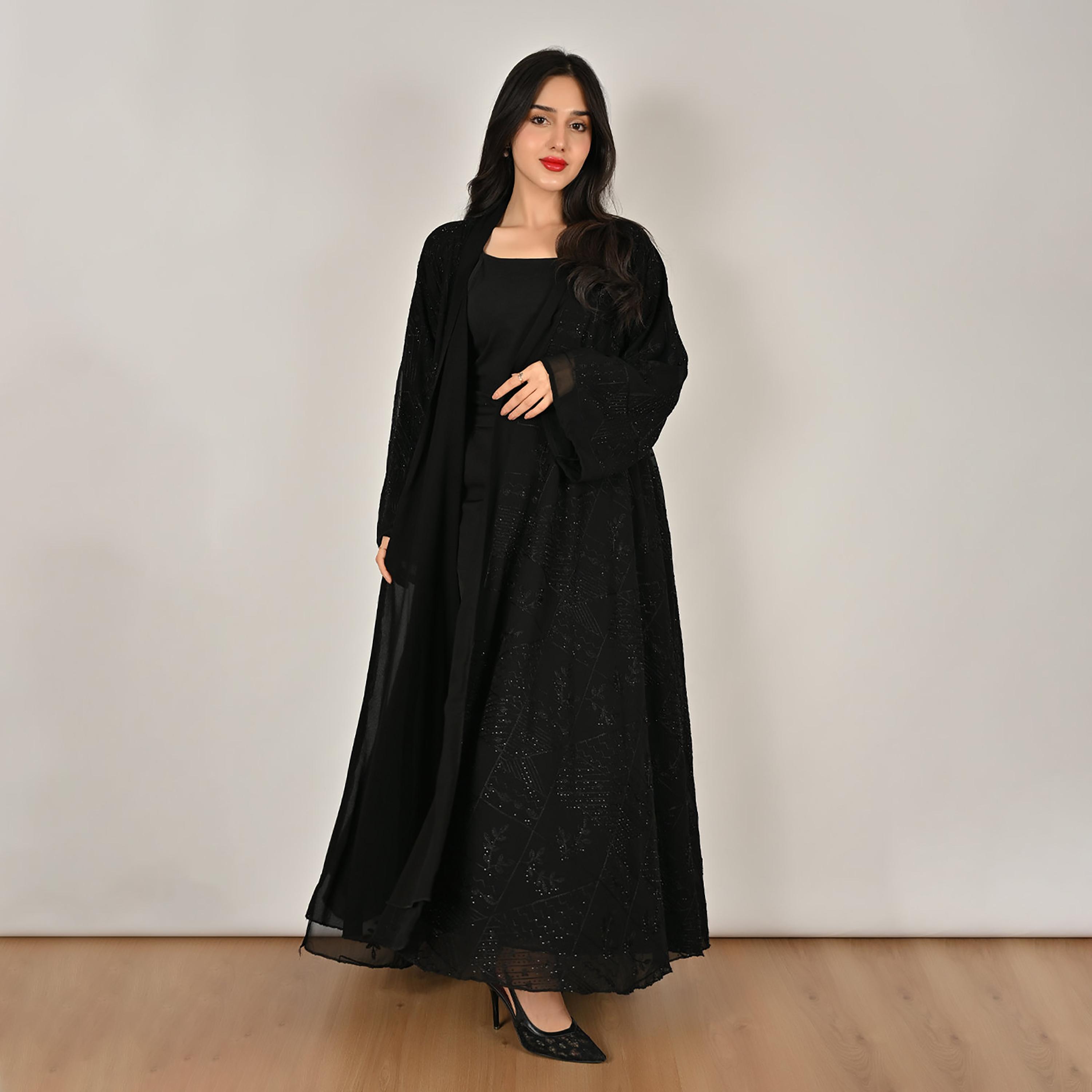 Hawraa Black Wide Sleeves Embroidered and Embellished Women's Linen Abaya with Hijab-women-arabicclothing-abayas-image-1