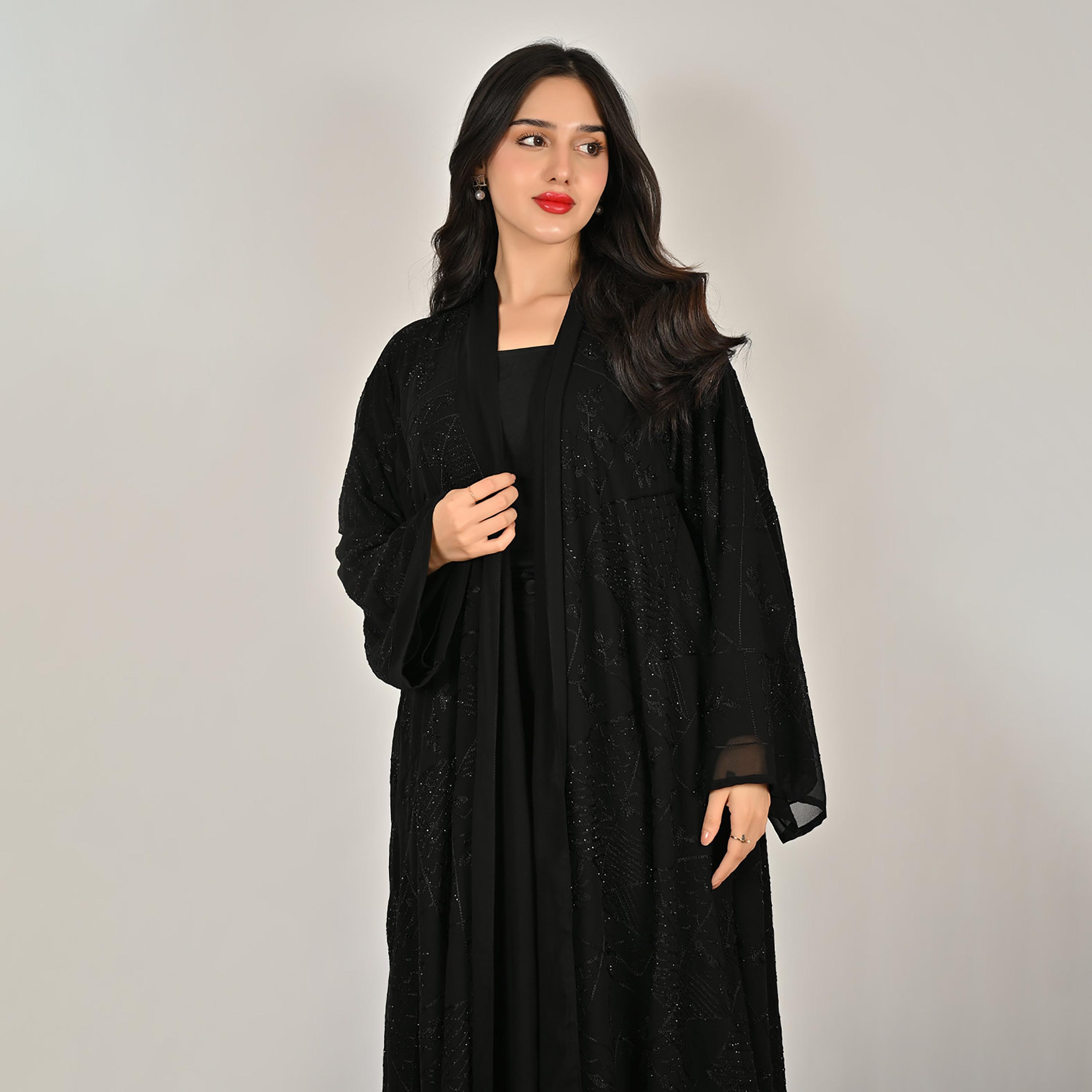 Hawraa Black Wide Sleeves Embroidered and Embellished Women's Linen Abaya with Hijab-women-arabicclothing-abayas-image-10