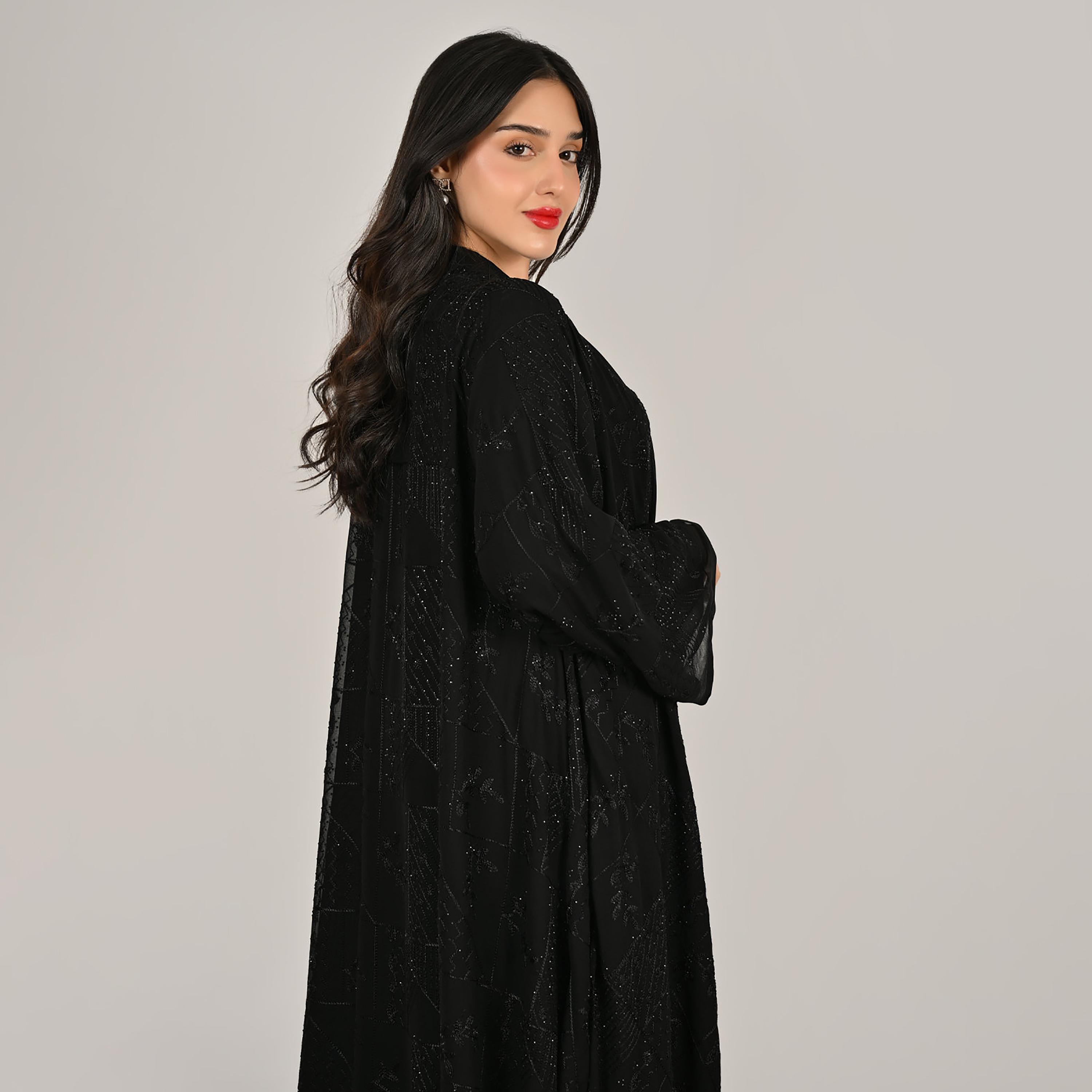 Hawraa Black Wide Sleeves Embroidered and Embellished Women's Linen Abaya with Hijab-women-arabicclothing-abayas-image-11
