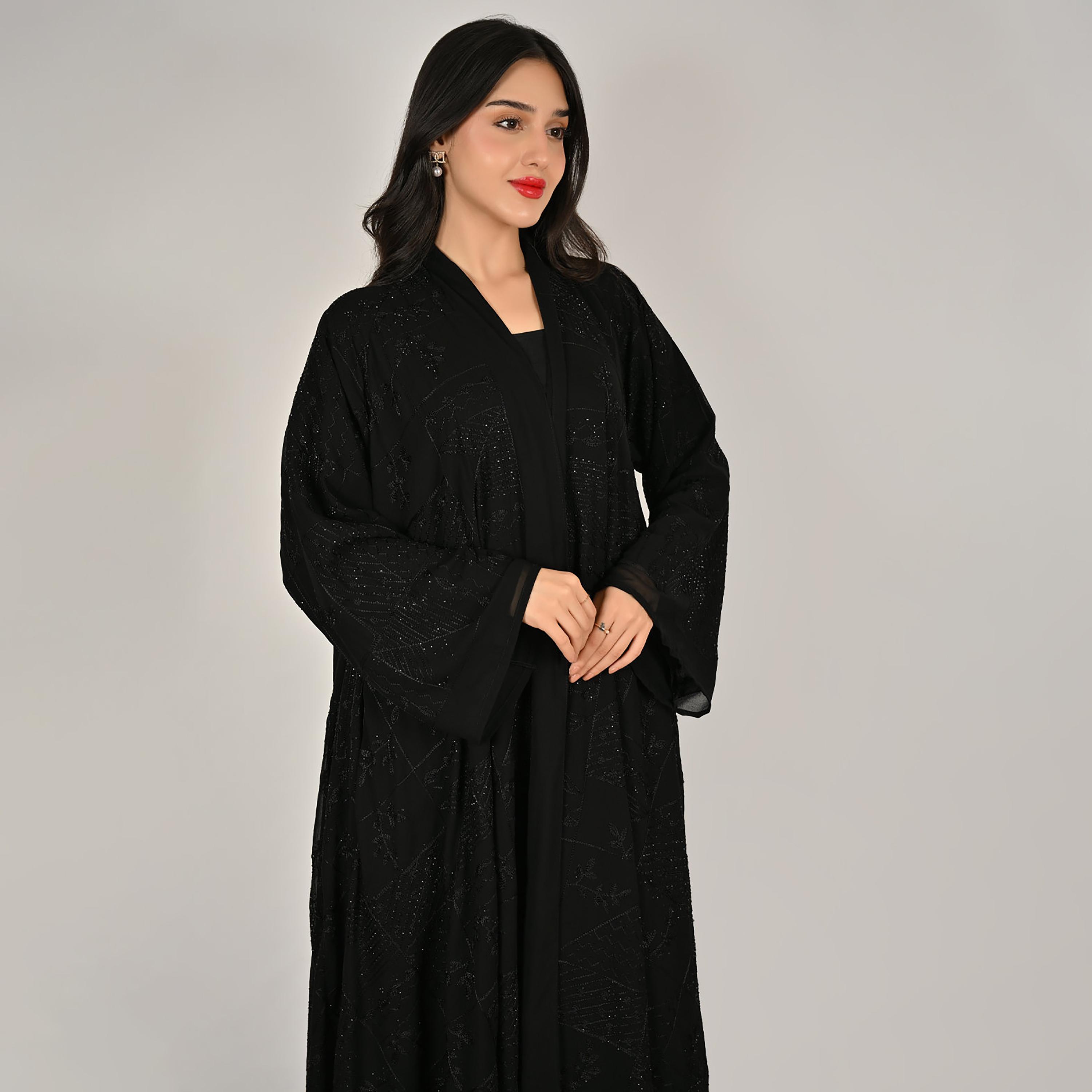 Hawraa Black Wide Sleeves Embroidered and Embellished Women's Linen Abaya with Hijab-women-arabicclothing-abayas-image-2