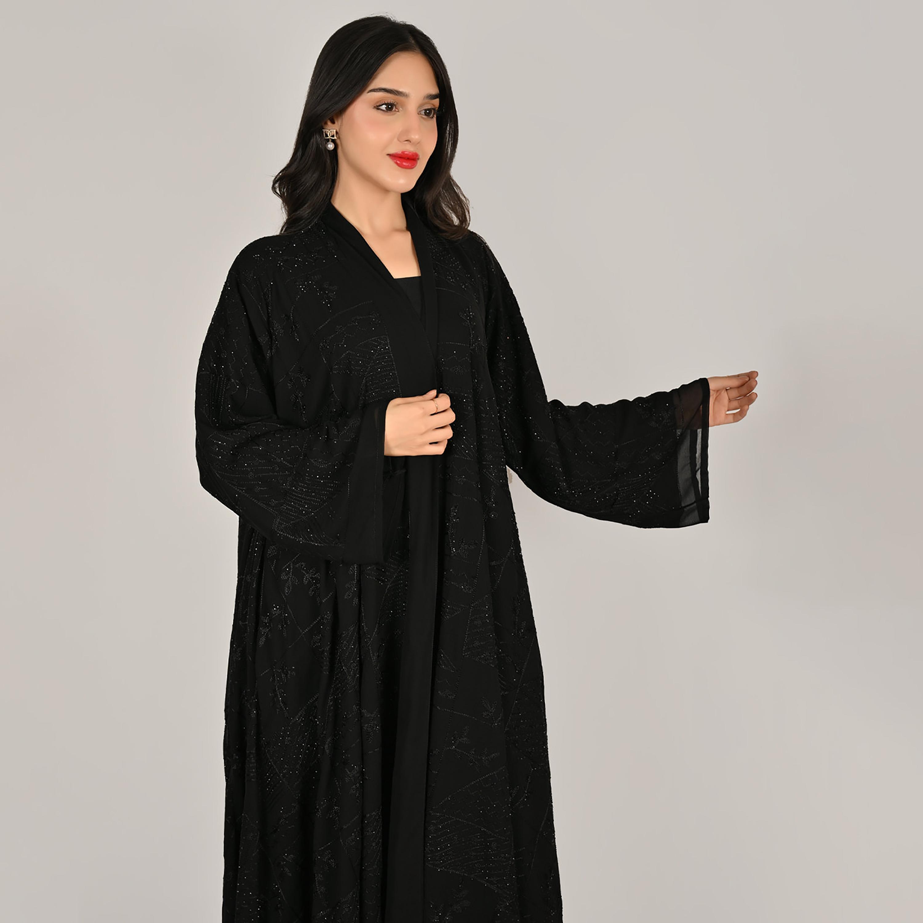 Hawraa Black Wide Sleeves Embroidered and Embellished Women's Linen Abaya with Hijab-women-arabicclothing-abayas-image-3