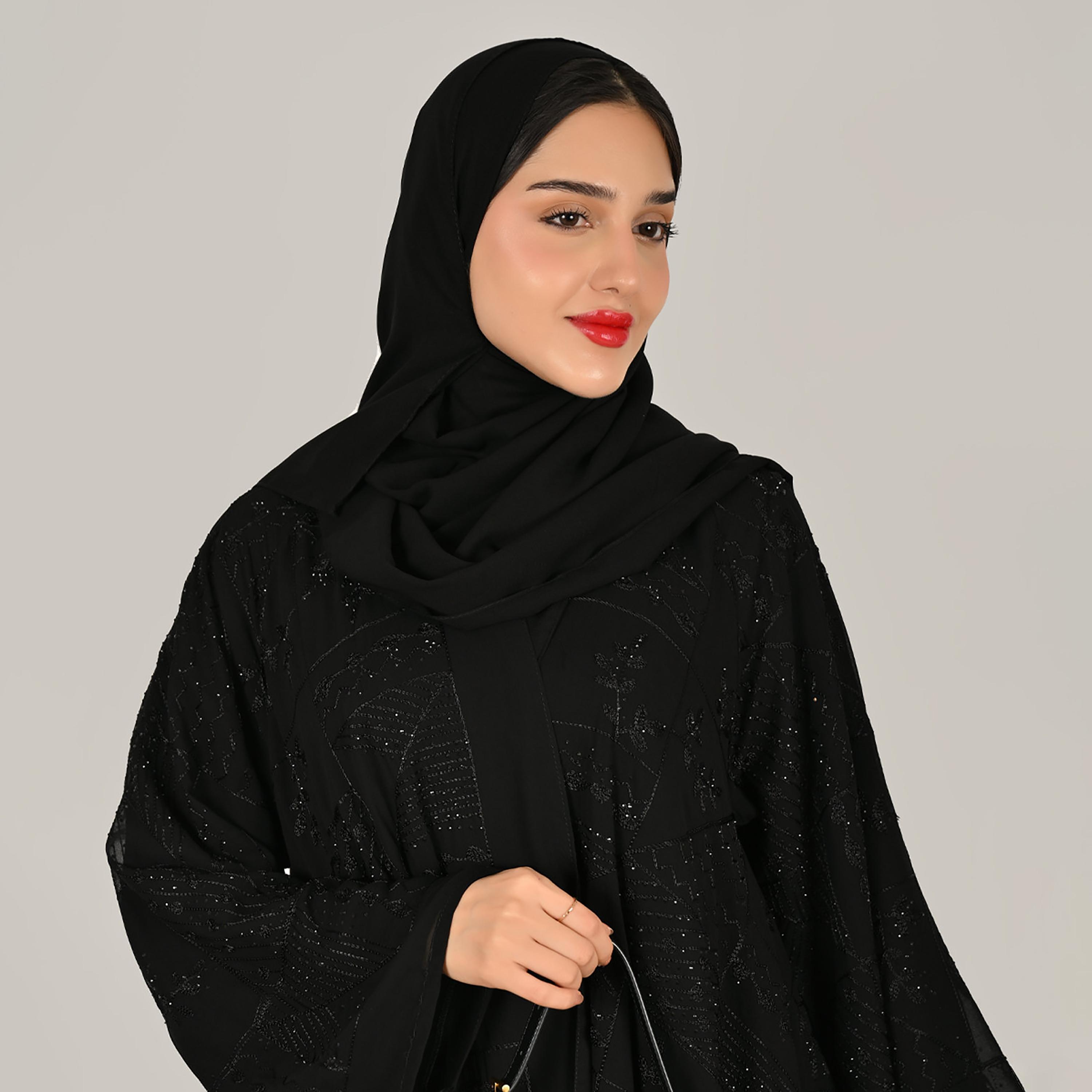 Hawraa Black Wide Sleeves Embroidered and Embellished Women's Linen Abaya with Hijab-women-arabicclothing-abayas-image-4