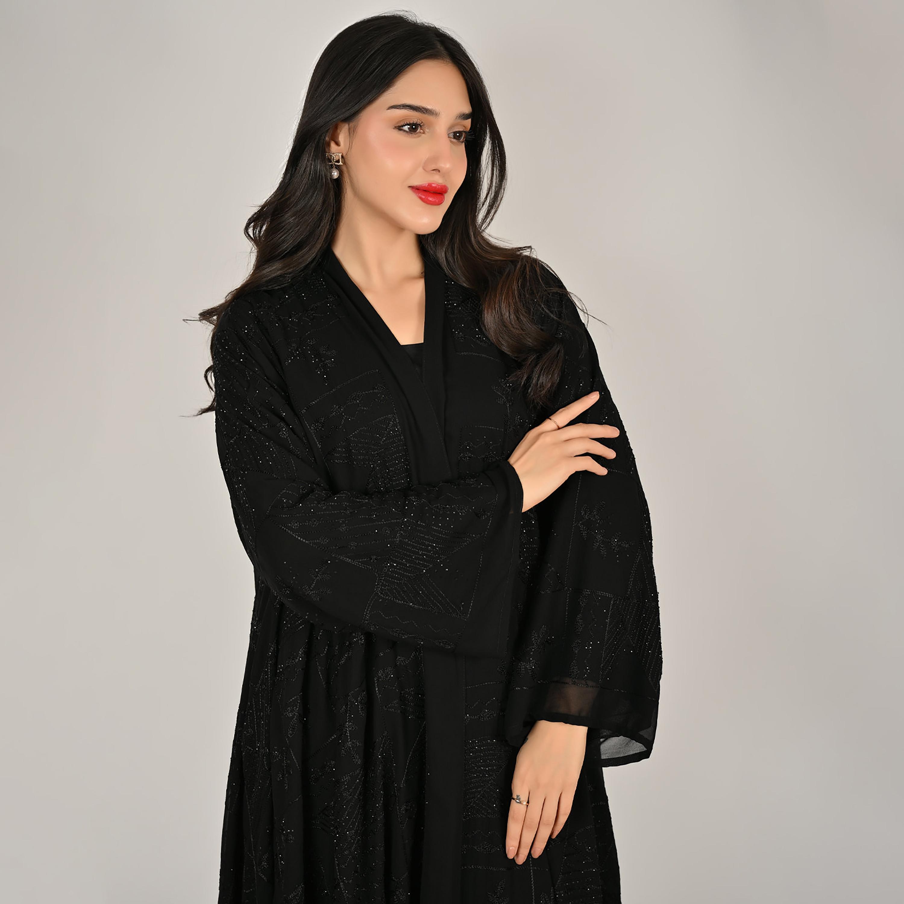 Hawraa Black Wide Sleeves Embroidered and Embellished Women's Linen Abaya with Hijab-women-arabicclothing-abayas-image-5