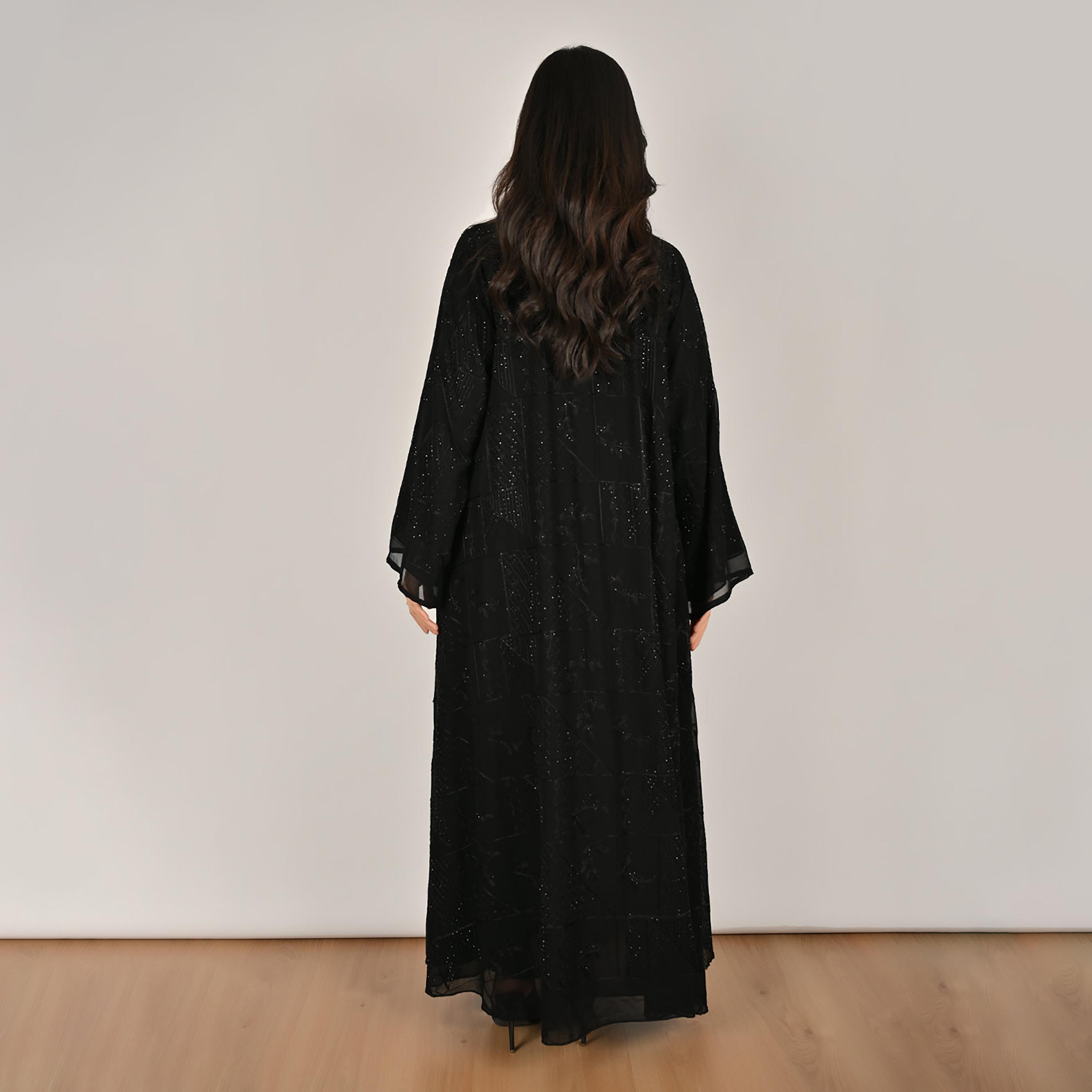 Hawraa Black Wide Sleeves Embroidered and Embellished Women's Linen Abaya with Hijab-women-arabicclothing-abayas-image-6