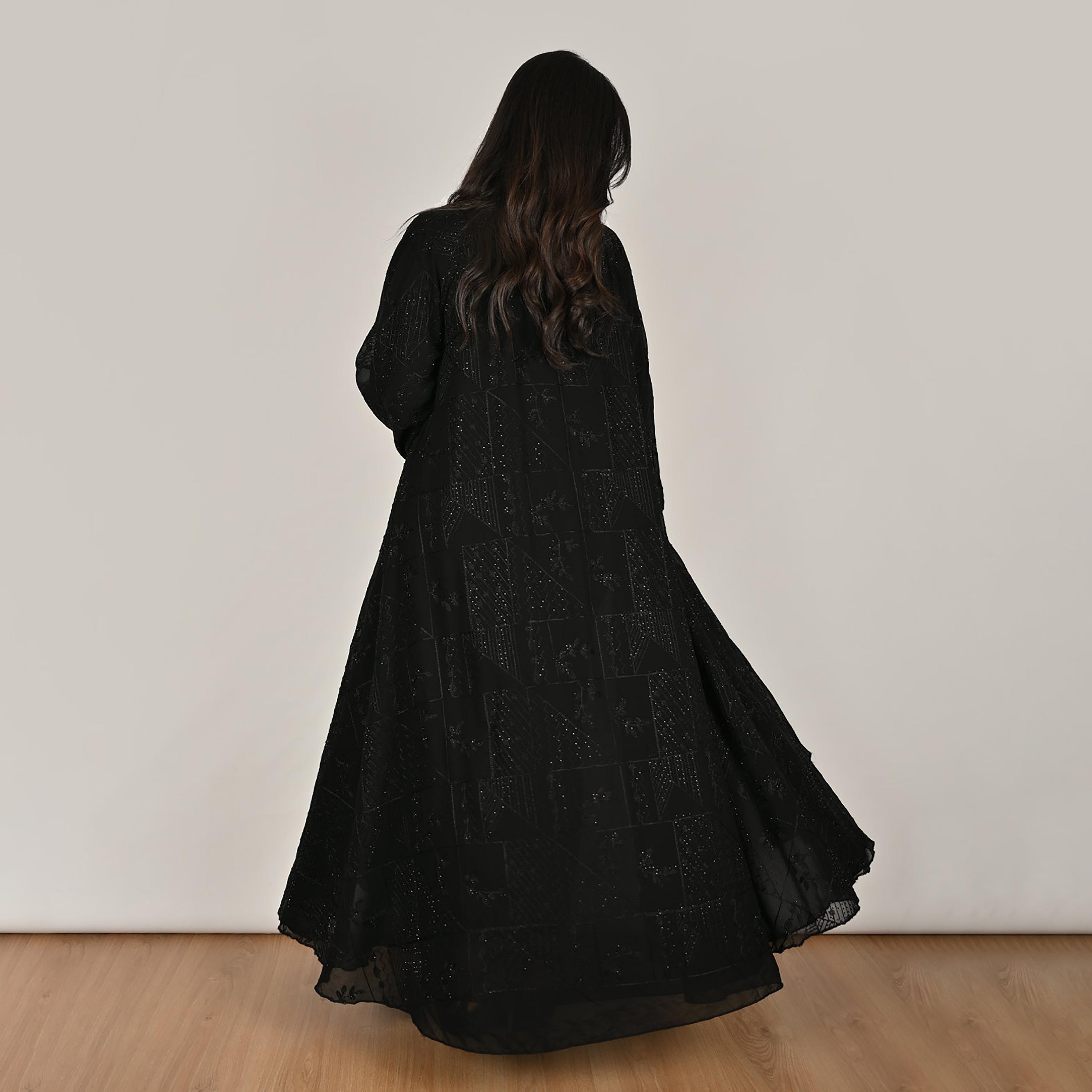 Hawraa Black Wide Sleeves Embroidered and Embellished Women's Linen Abaya with Hijab-women-arabicclothing-abayas-image-7