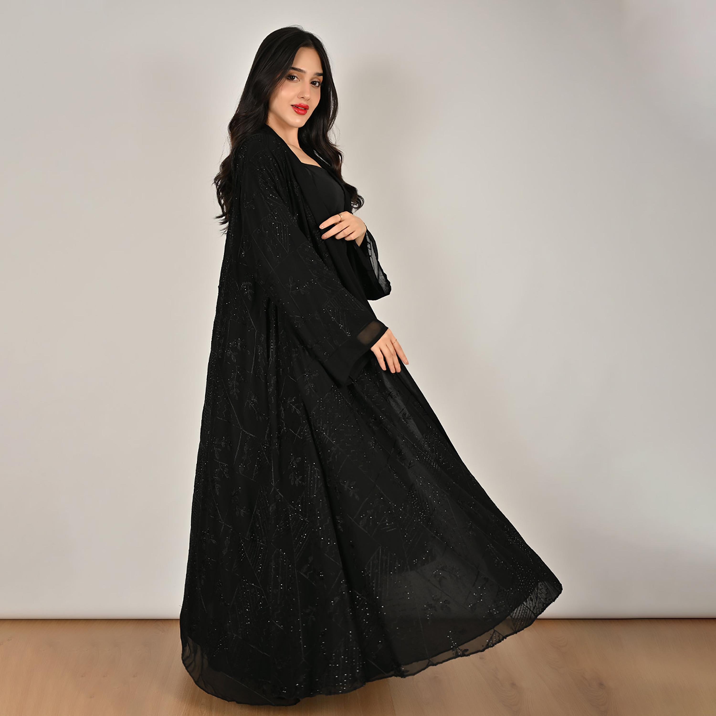 Hawraa Black Wide Sleeves Embroidered and Embellished Women's Linen Abaya with Hijab-women-arabicclothing-abayas-image-8