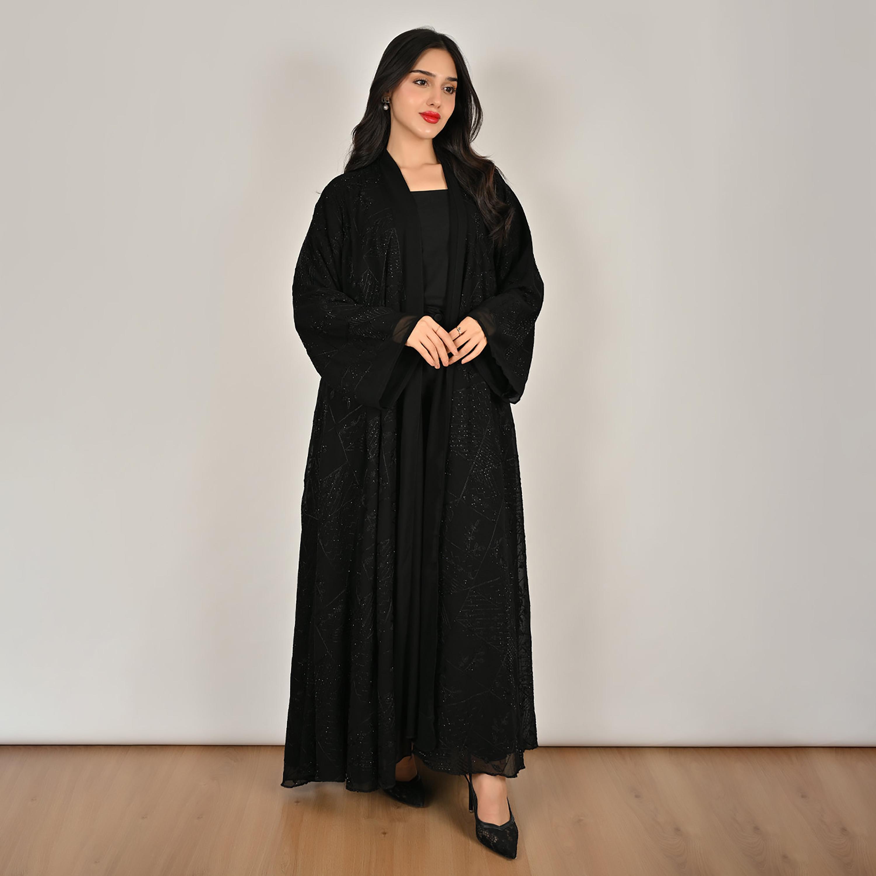 Hawraa Black Wide Sleeves Embroidered and Embellished Women's Linen Abaya with Hijab-women-arabicclothing-abayas-image-9