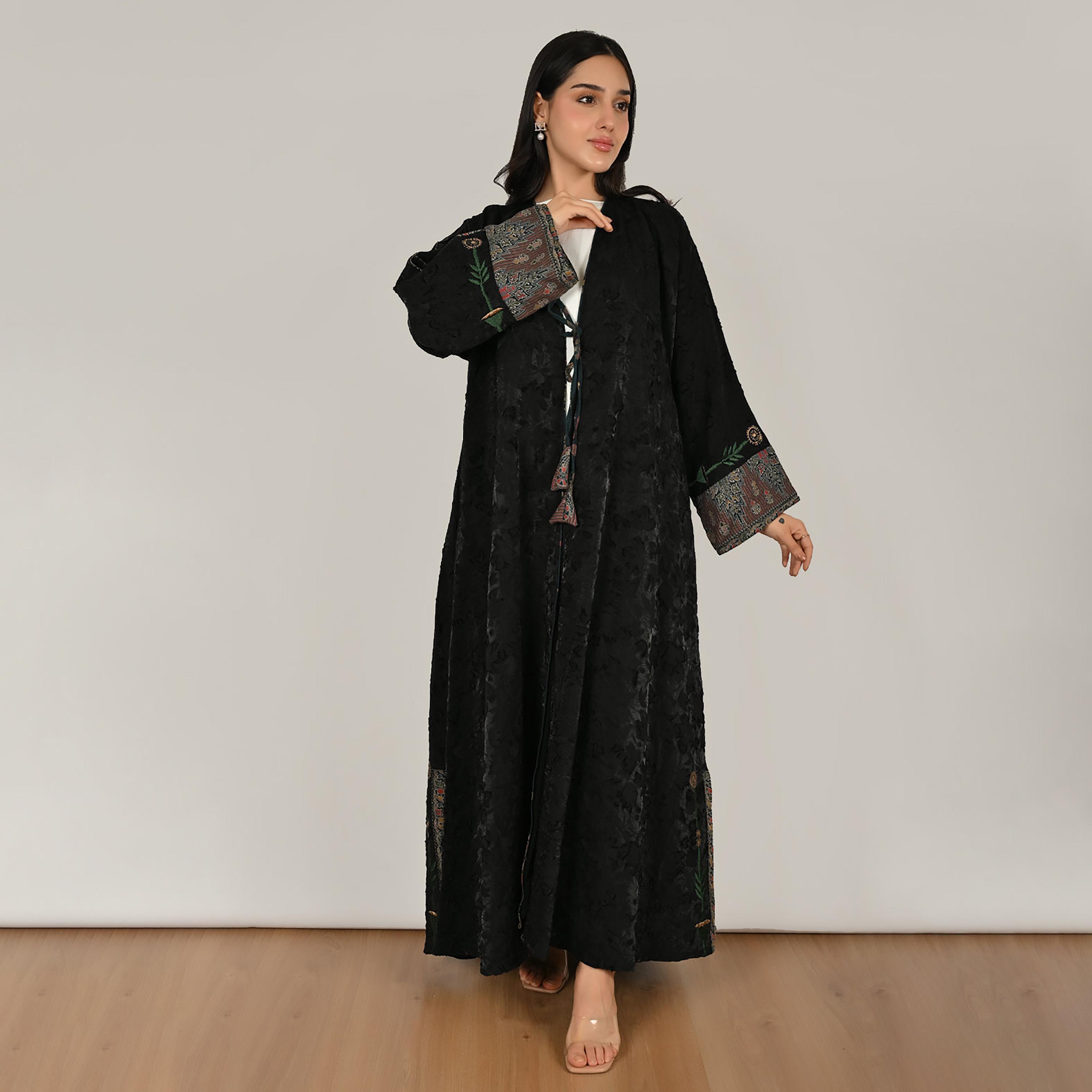 عباية حوراء كتان نسائية مطرزة باللون الأسود مع حجاب-women-arabicclothing-abayas-image-1