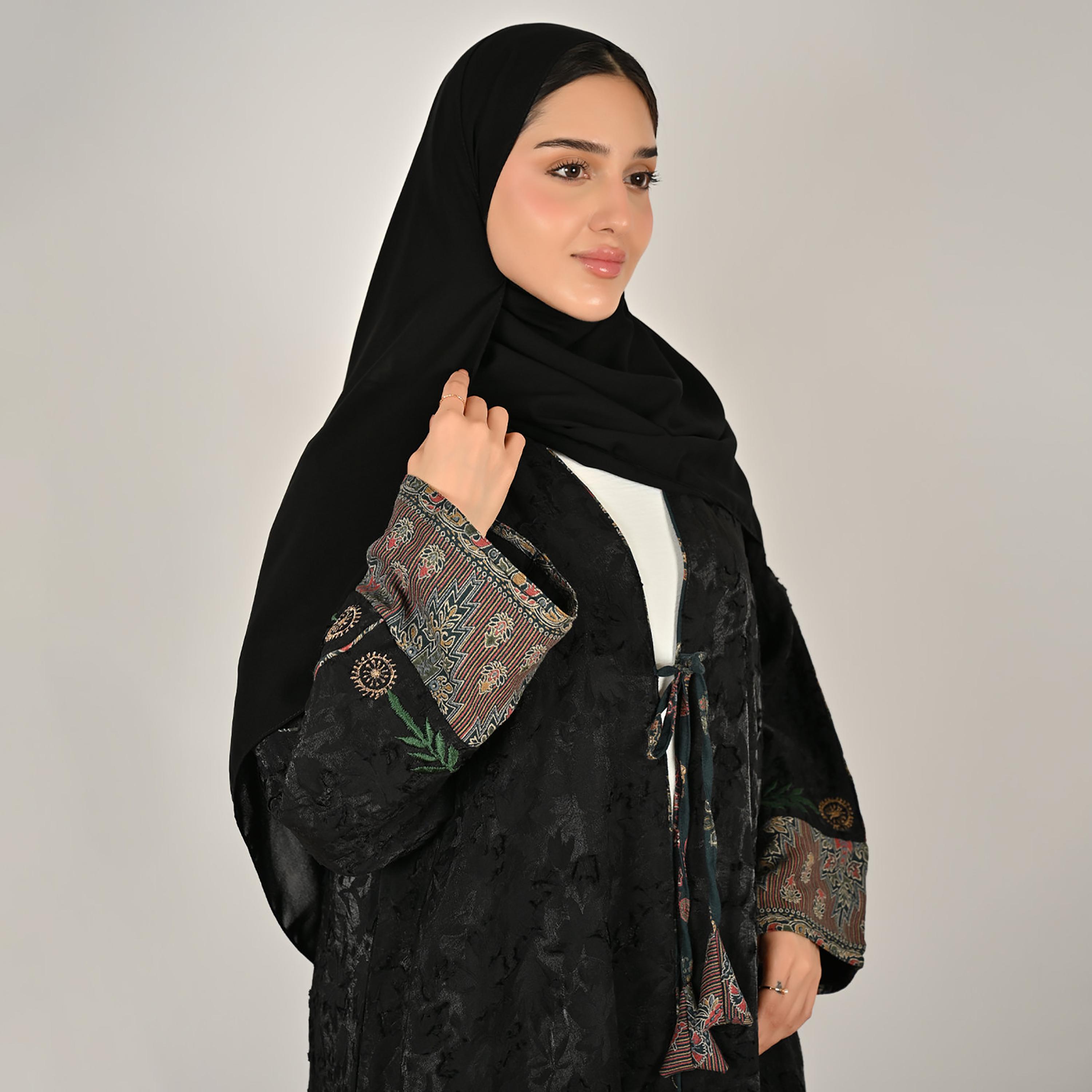 عباية حوراء كتان نسائية مطرزة باللون الأسود مع حجاب-women-arabicclothing-abayas-image-2