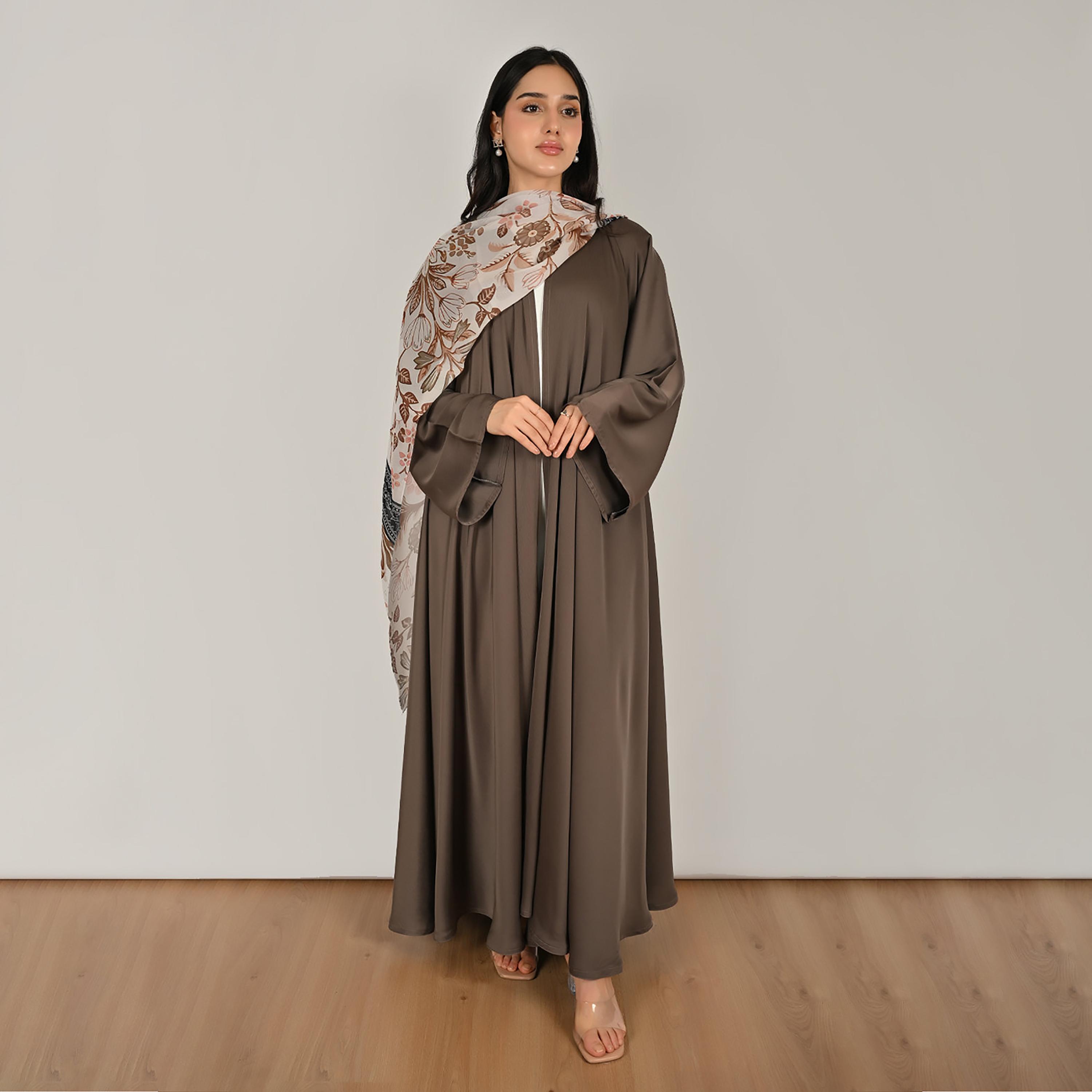 Hawraa Wide Sleeves Flared Cut Open Front Women's Linen Abaya with Printed Hijab-women-arabicclothing-abayas-image-1