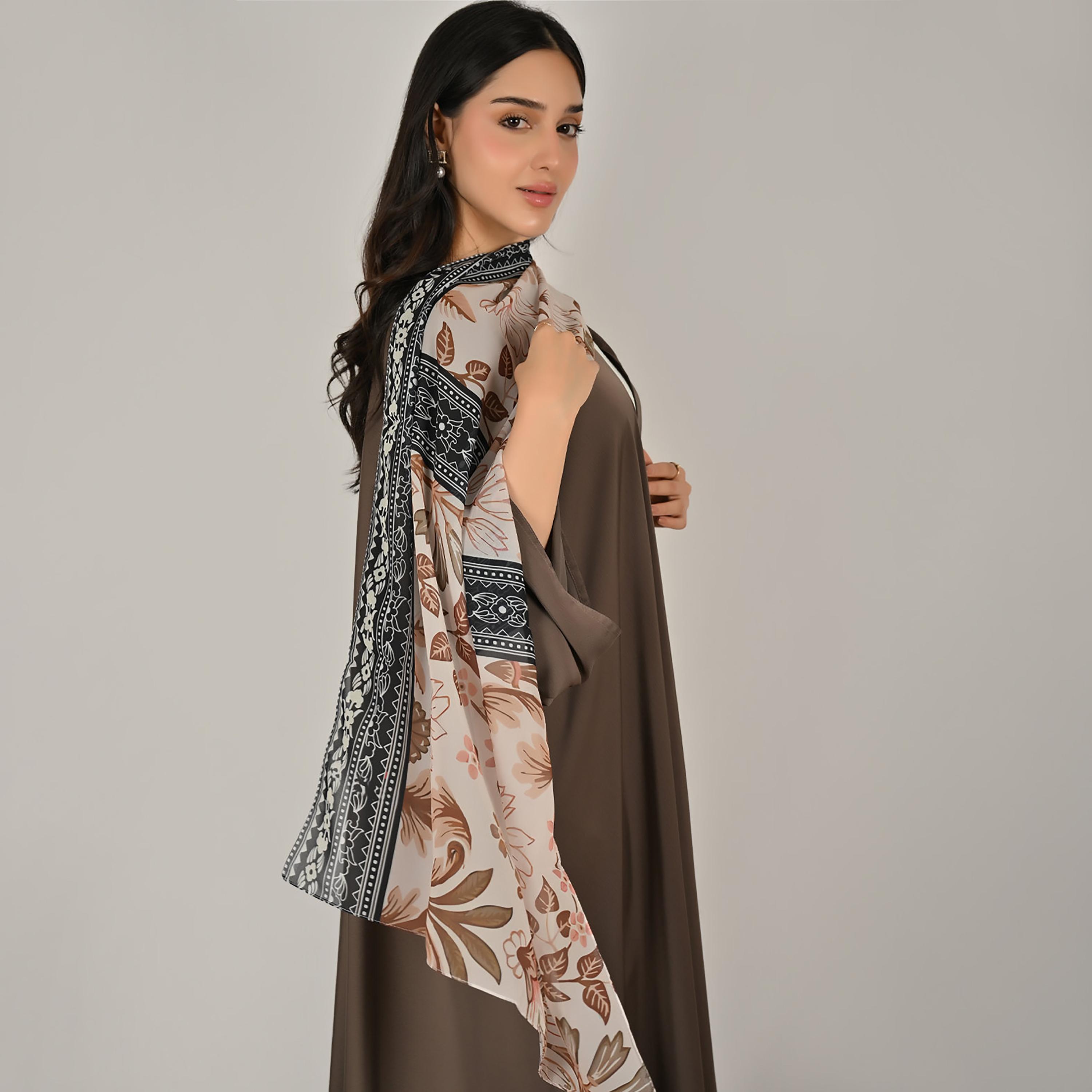 Hawraa Wide Sleeves Flared Cut Open Front Women's Linen Abaya with Printed Hijab-women-arabicclothing-abayas-image-10