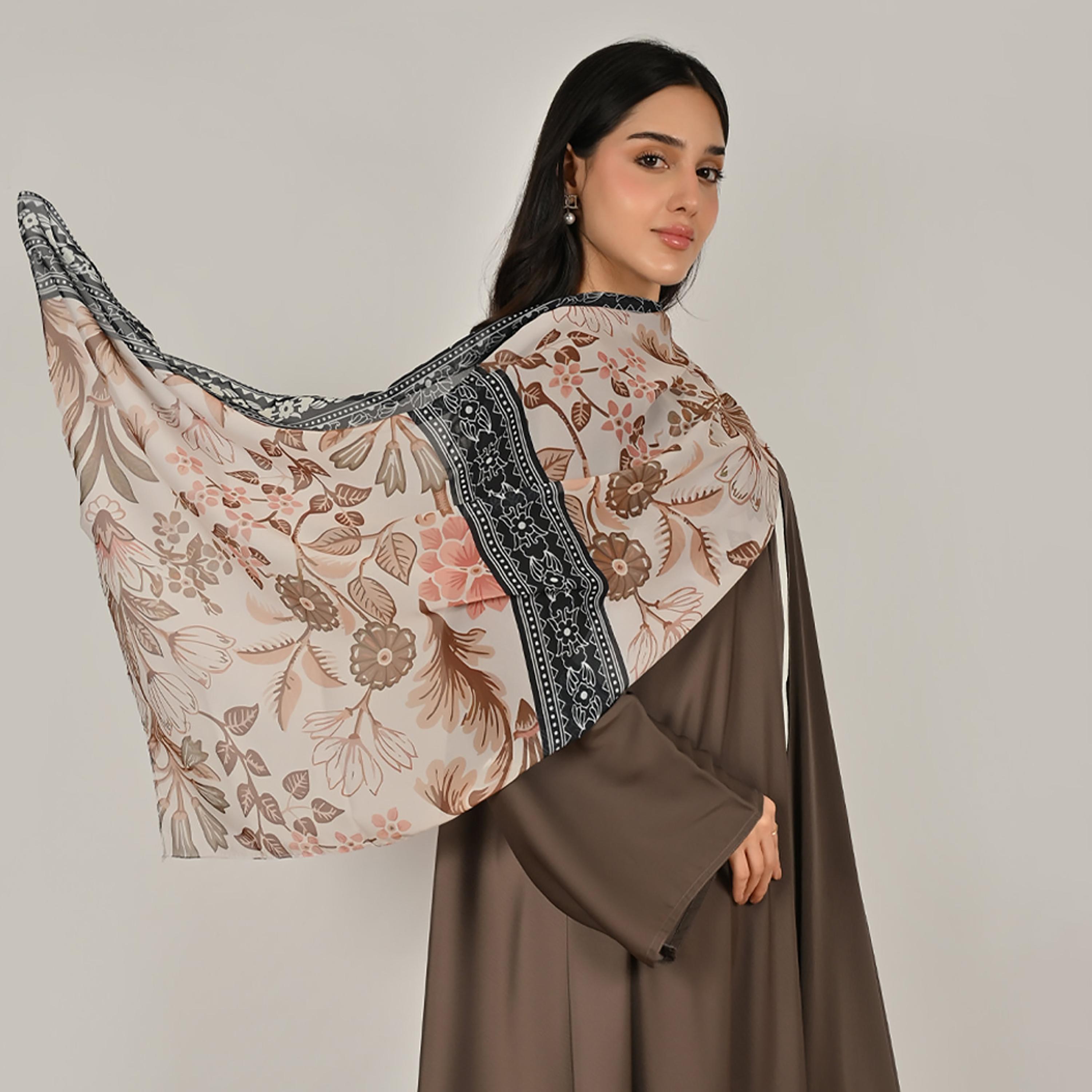 Hawraa Wide Sleeves Flared Cut Open Front Women's Linen Abaya with Printed Hijab-women-arabicclothing-abayas-image-2