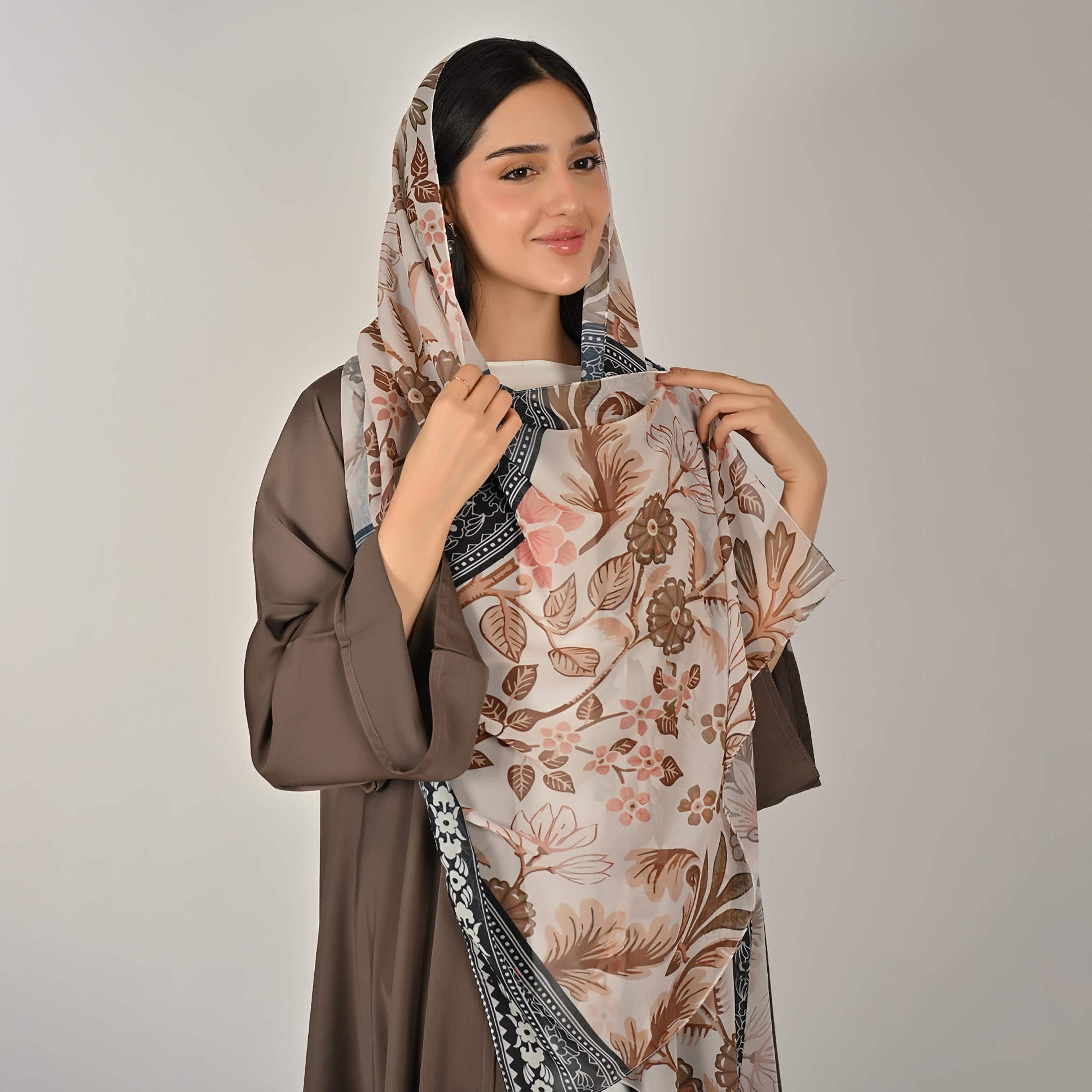 Hawraa Wide Sleeves Flared Cut Open Front Women's Linen Abaya with Printed Hijab-women-arabicclothing-abayas-image-3