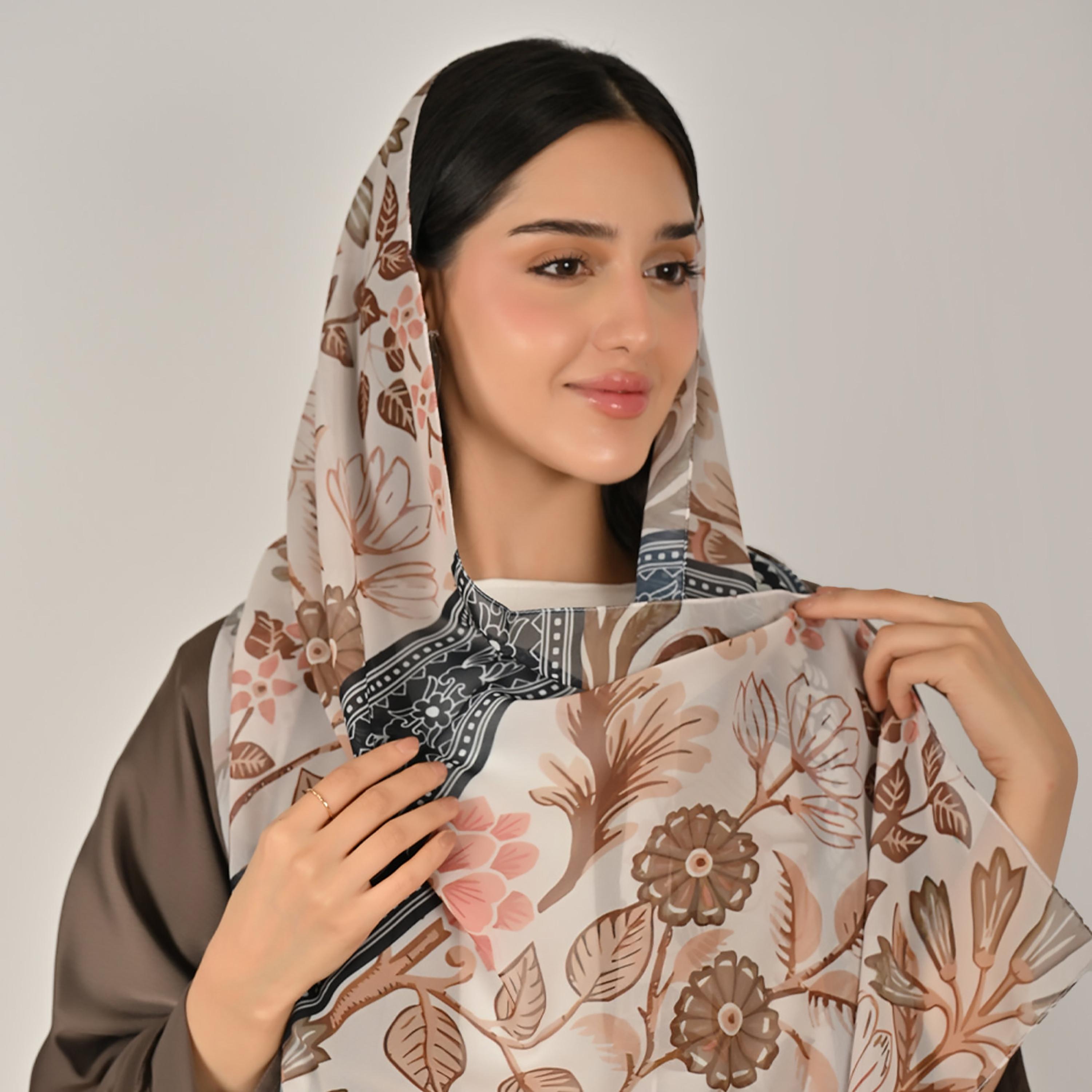 Hawraa Wide Sleeves Flared Cut Open Front Women's Linen Abaya with Printed Hijab-women-arabicclothing-abayas-image-4