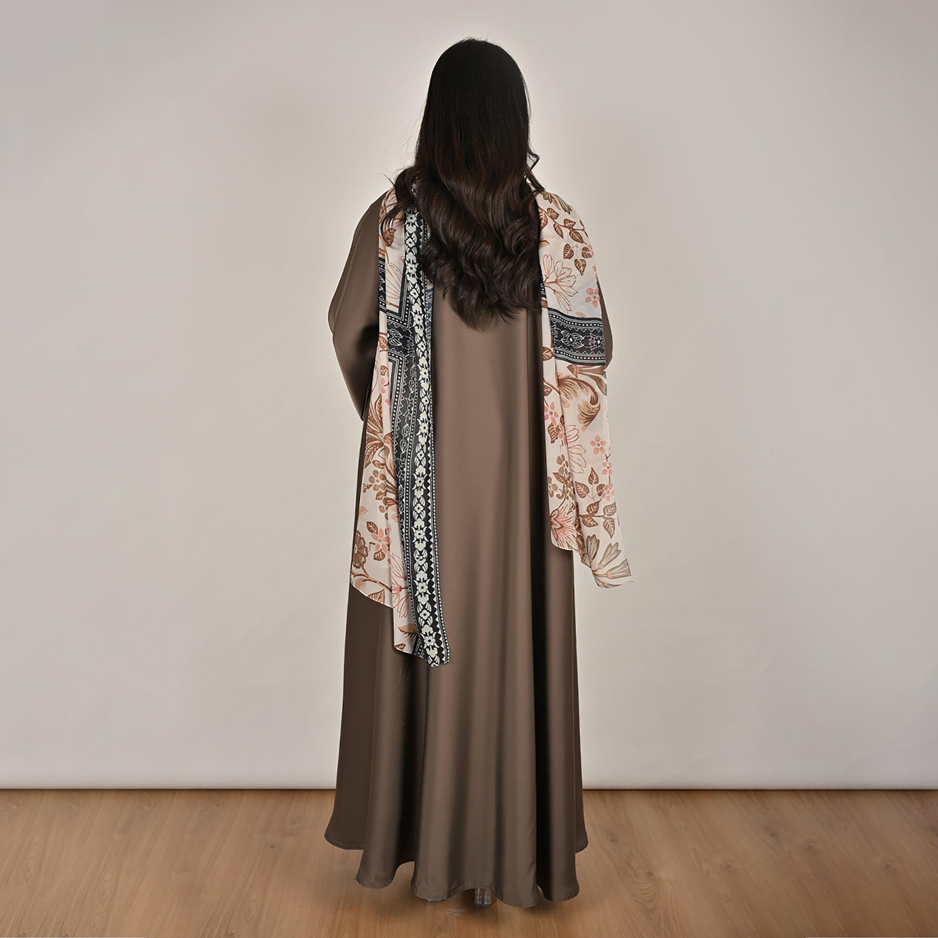 Hawraa Wide Sleeves Flared Cut Open Front Women's Linen Abaya with Printed Hijab-women-arabicclothing-abayas-image-5