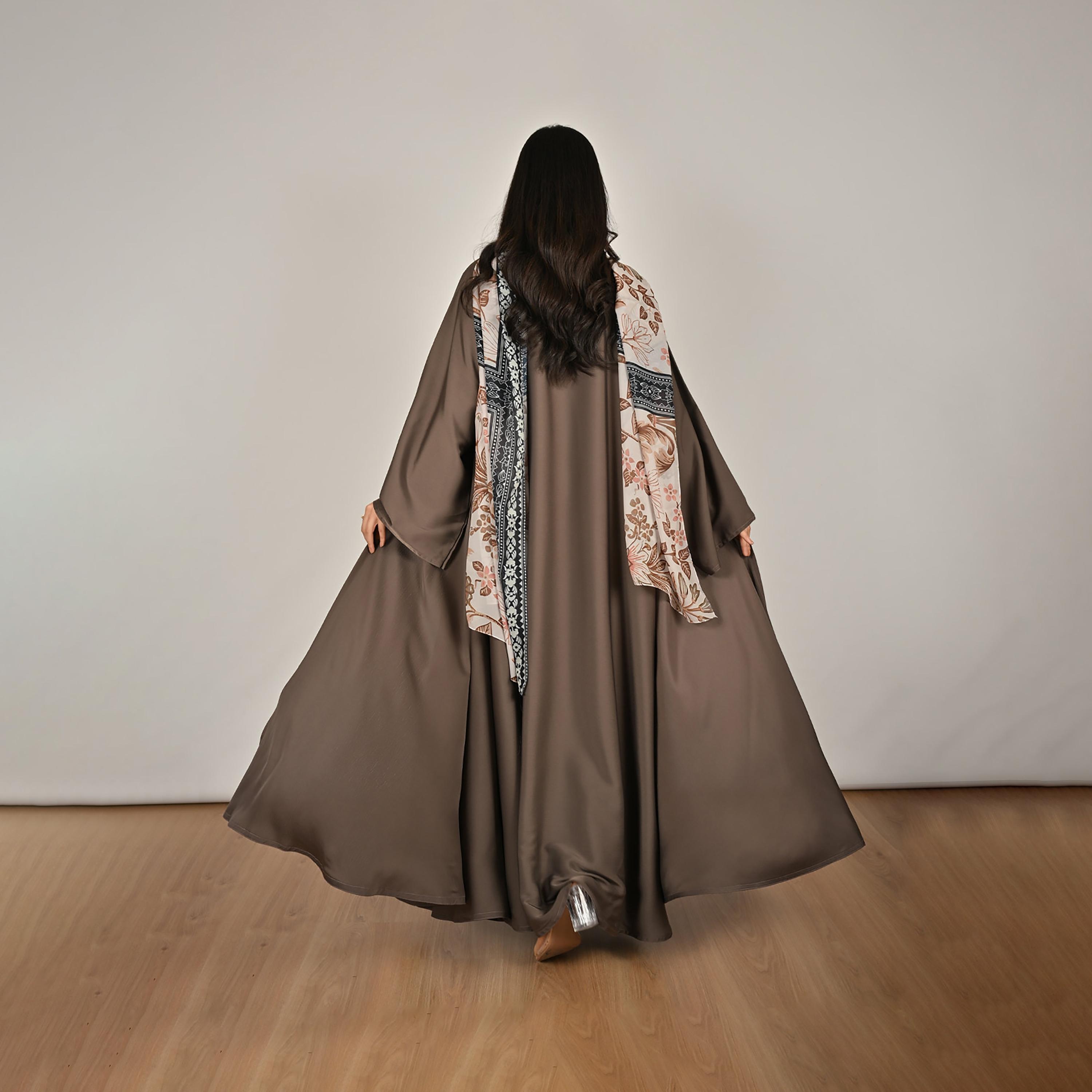 Hawraa Wide Sleeves Flared Cut Open Front Women's Linen Abaya with Printed Hijab-women-arabicclothing-abayas-image-6