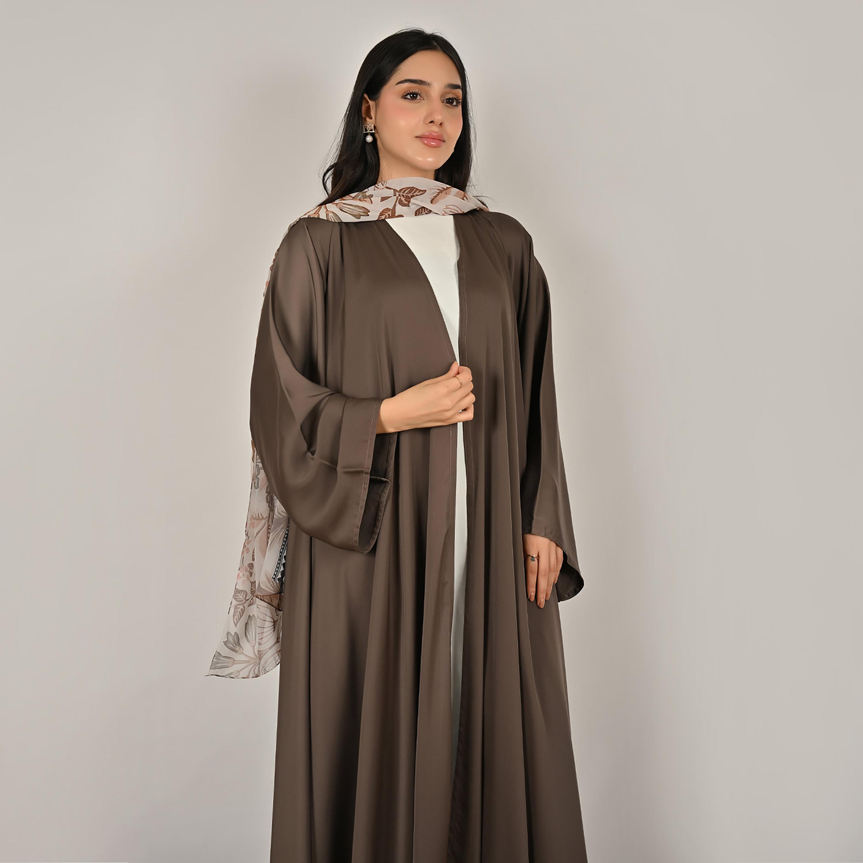 Hawraa Wide Sleeves Flared Cut Open Front Women's Linen Abaya with Printed Hijab-women-arabicclothing-abayas-image-7