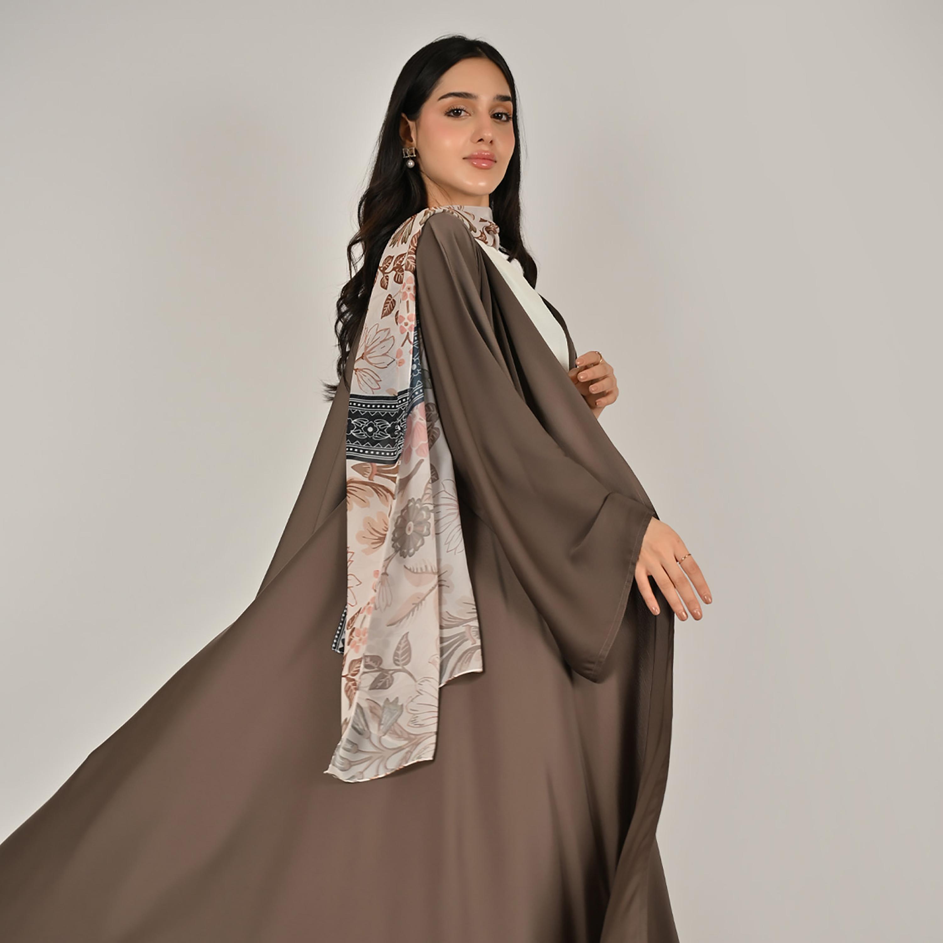 Hawraa Wide Sleeves Flared Cut Open Front Women's Linen Abaya with Printed Hijab-women-arabicclothing-abayas-image-8