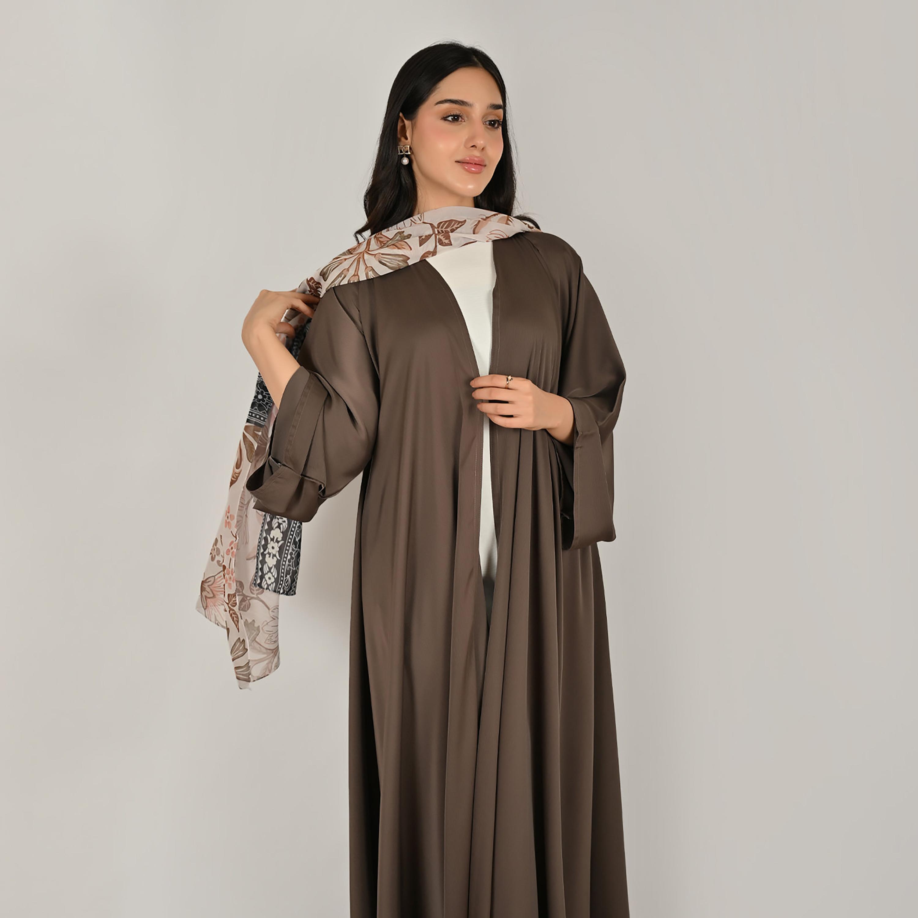 Hawraa Wide Sleeves Flared Cut Open Front Women's Linen Abaya with Printed Hijab-women-arabicclothing-abayas-image-9