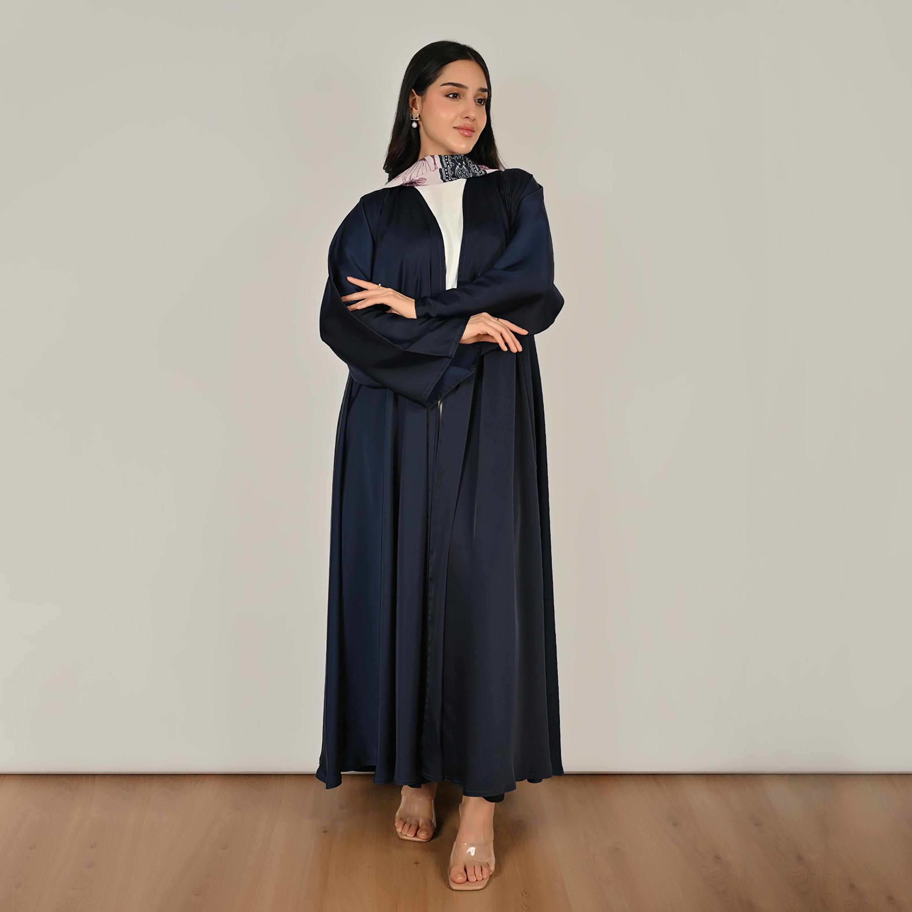Hawraa Wide Sleeves Flared Cut Open Front Women's Linen Abaya with Printed Hijab-women-arabicclothing-abayas-image-1