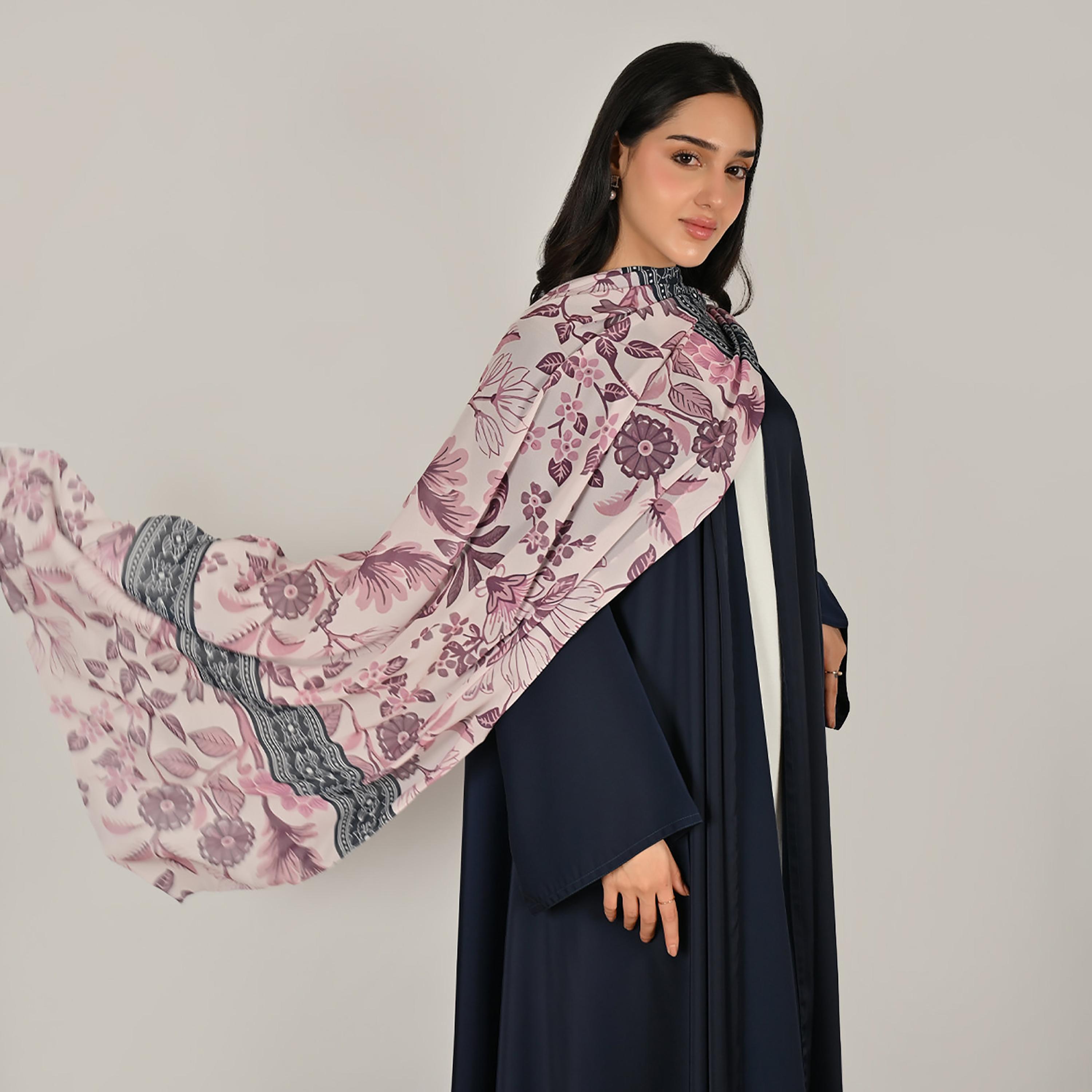 Hawraa Wide Sleeves Flared Cut Open Front Women's Linen Abaya with Printed Hijab-women-arabicclothing-abayas-image-2