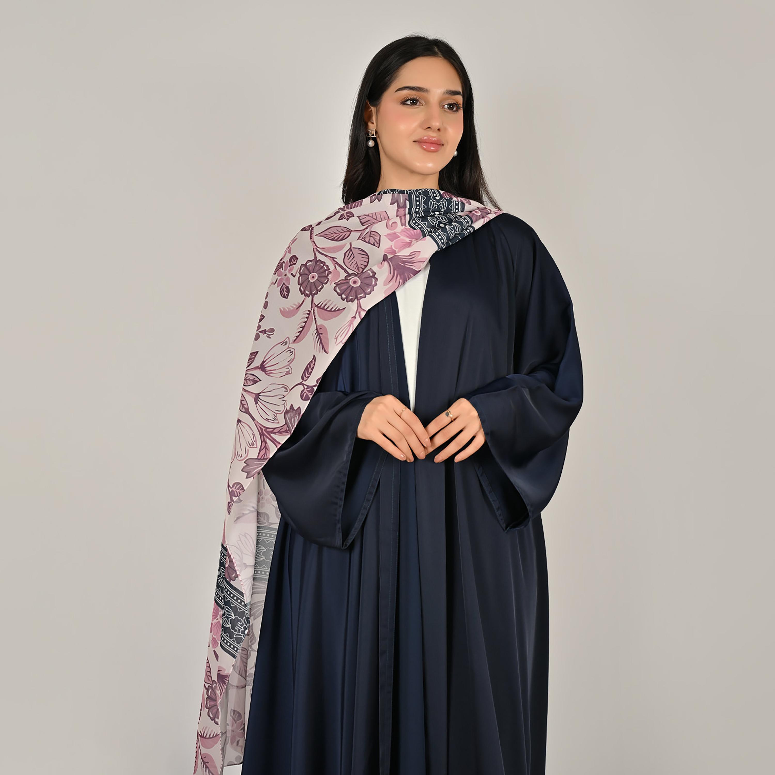 Hawraa Wide Sleeves Flared Cut Open Front Women's Linen Abaya with Printed Hijab-women-arabicclothing-abayas-image-3