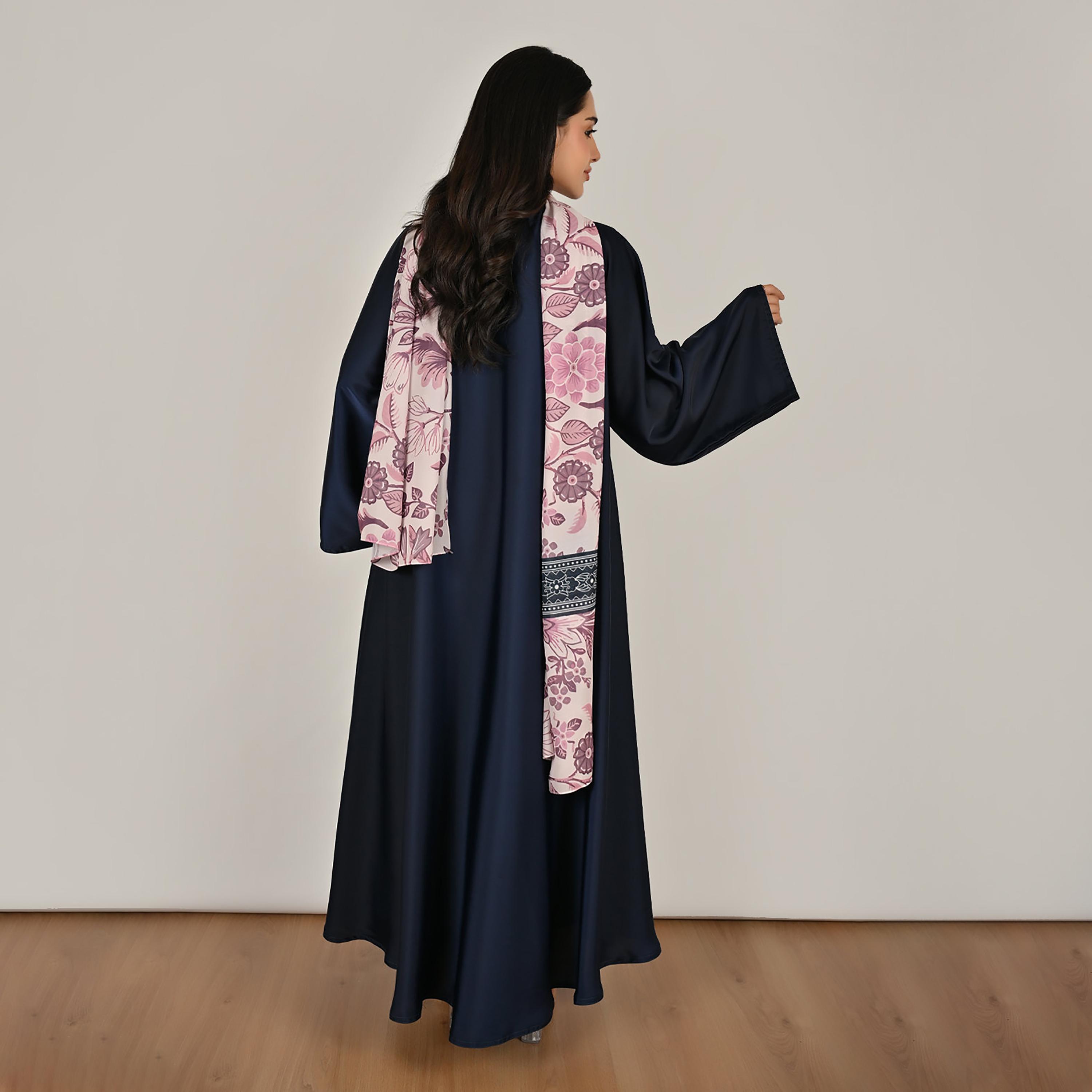 Hawraa Wide Sleeves Flared Cut Open Front Women's Linen Abaya with Printed Hijab-women-arabicclothing-abayas-image-4