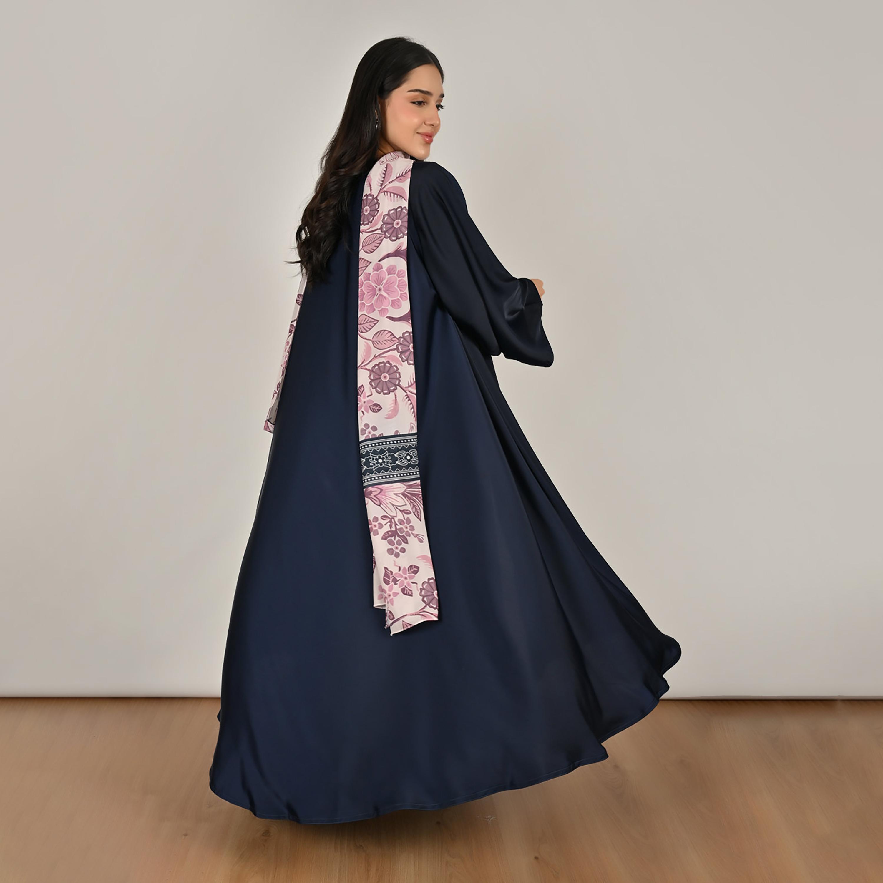 Hawraa Wide Sleeves Flared Cut Open Front Women's Linen Abaya with Printed Hijab-women-arabicclothing-abayas-image-5
