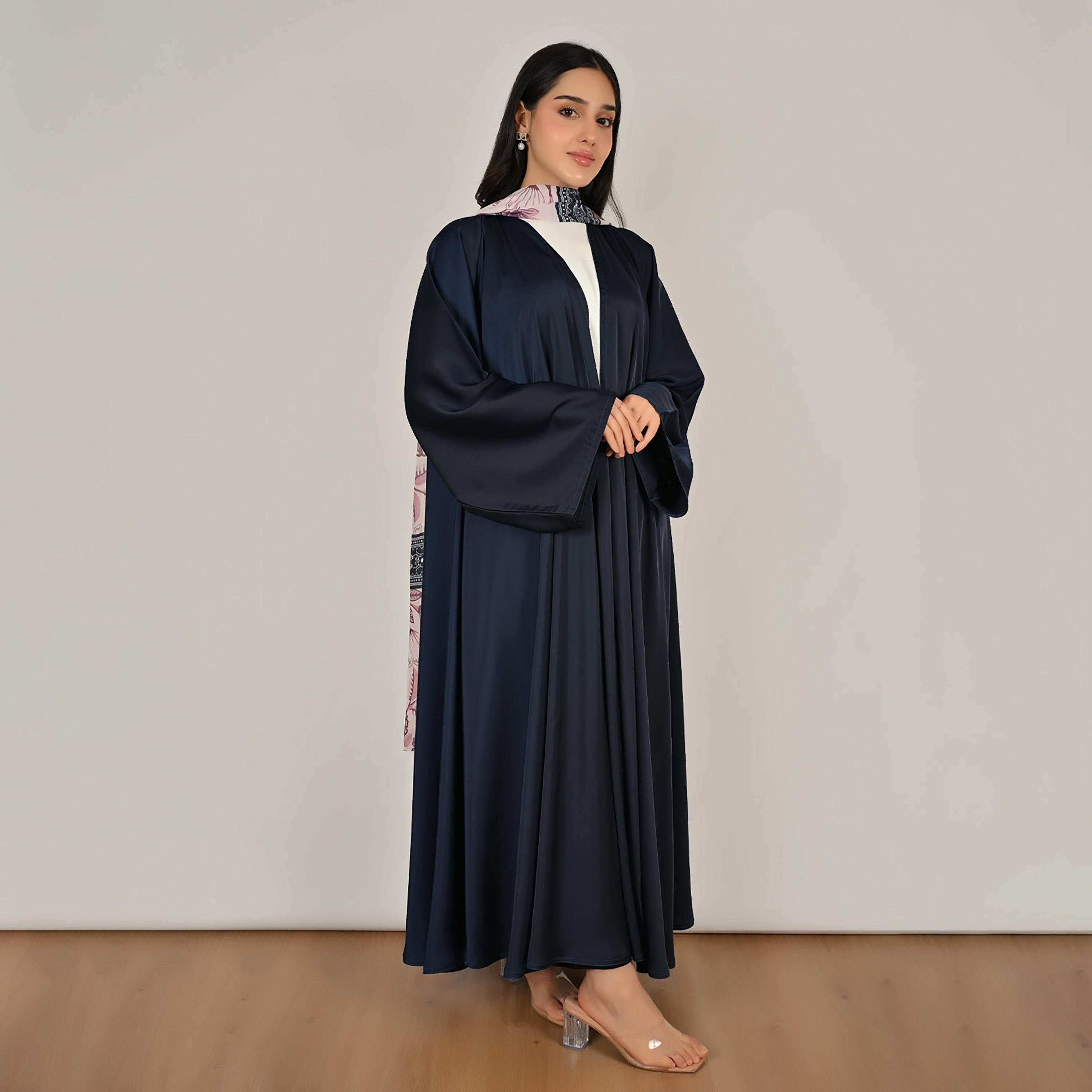 Hawraa Wide Sleeves Flared Cut Open Front Women's Linen Abaya with Printed Hijab-women-arabicclothing-abayas-image-6