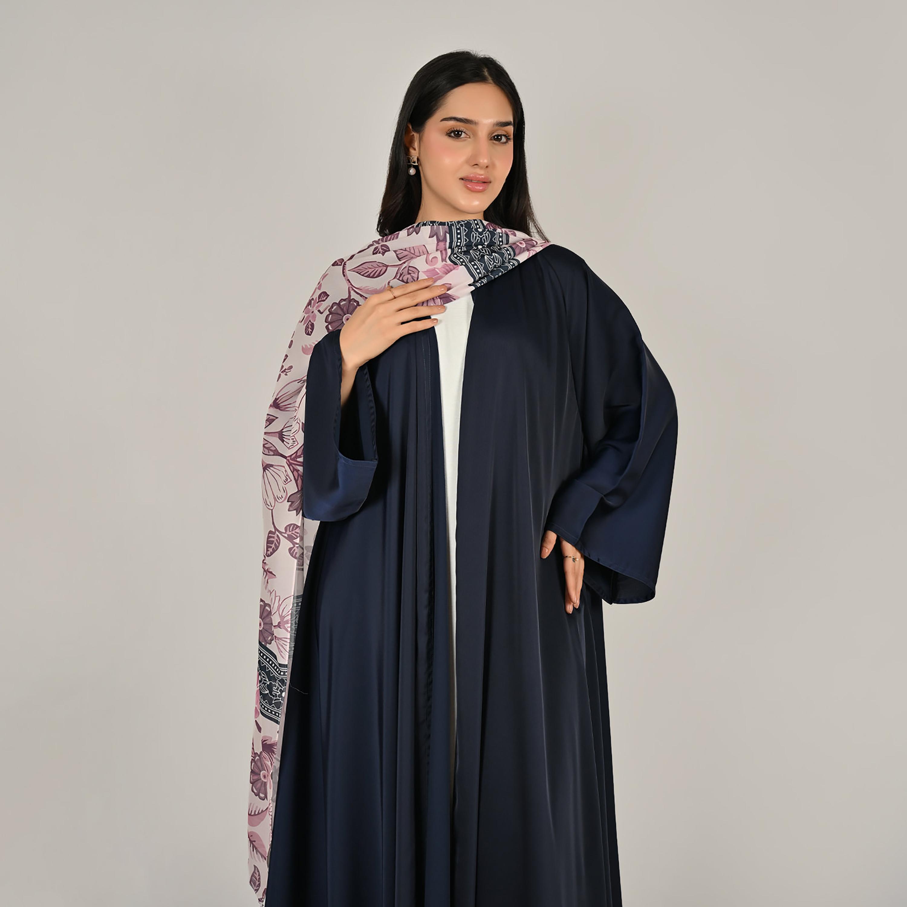 Hawraa Wide Sleeves Flared Cut Open Front Women's Linen Abaya with Printed Hijab-women-arabicclothing-abayas-image-7
