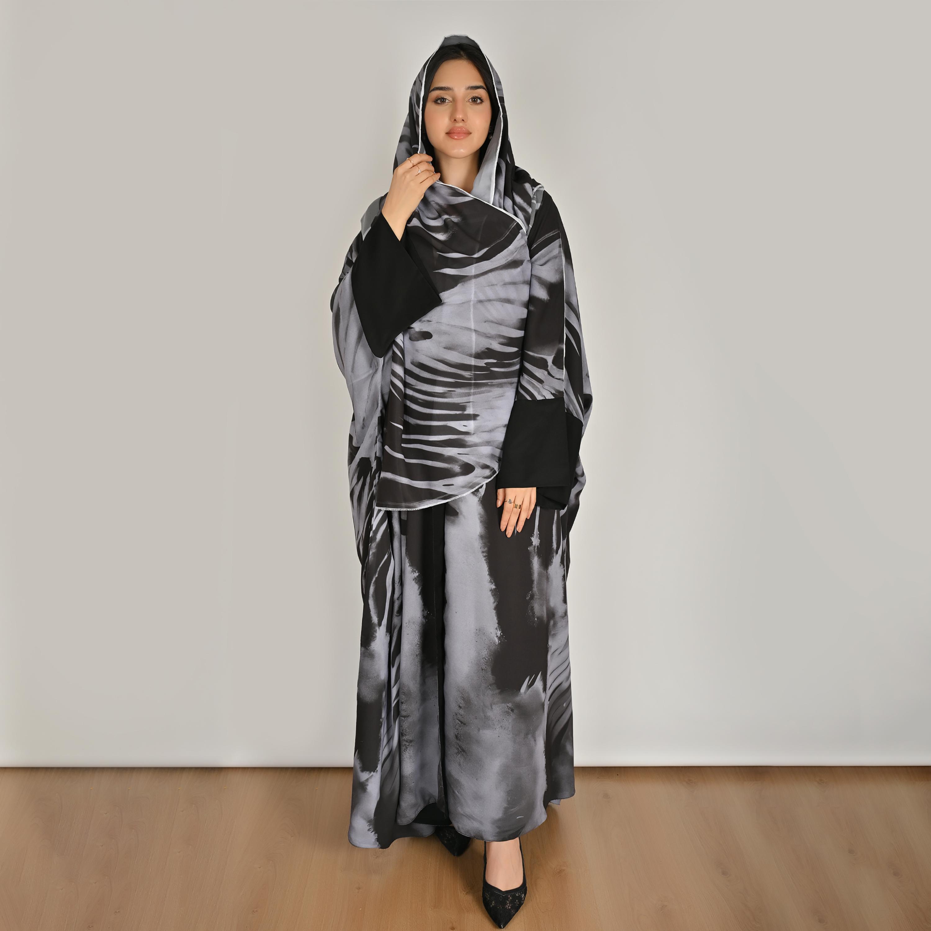 Hawraa Wide Sleeves All Over Abstract Women's Butterfly Linen Abaya with Hijab-women-arabicclothing-abayas-image-1