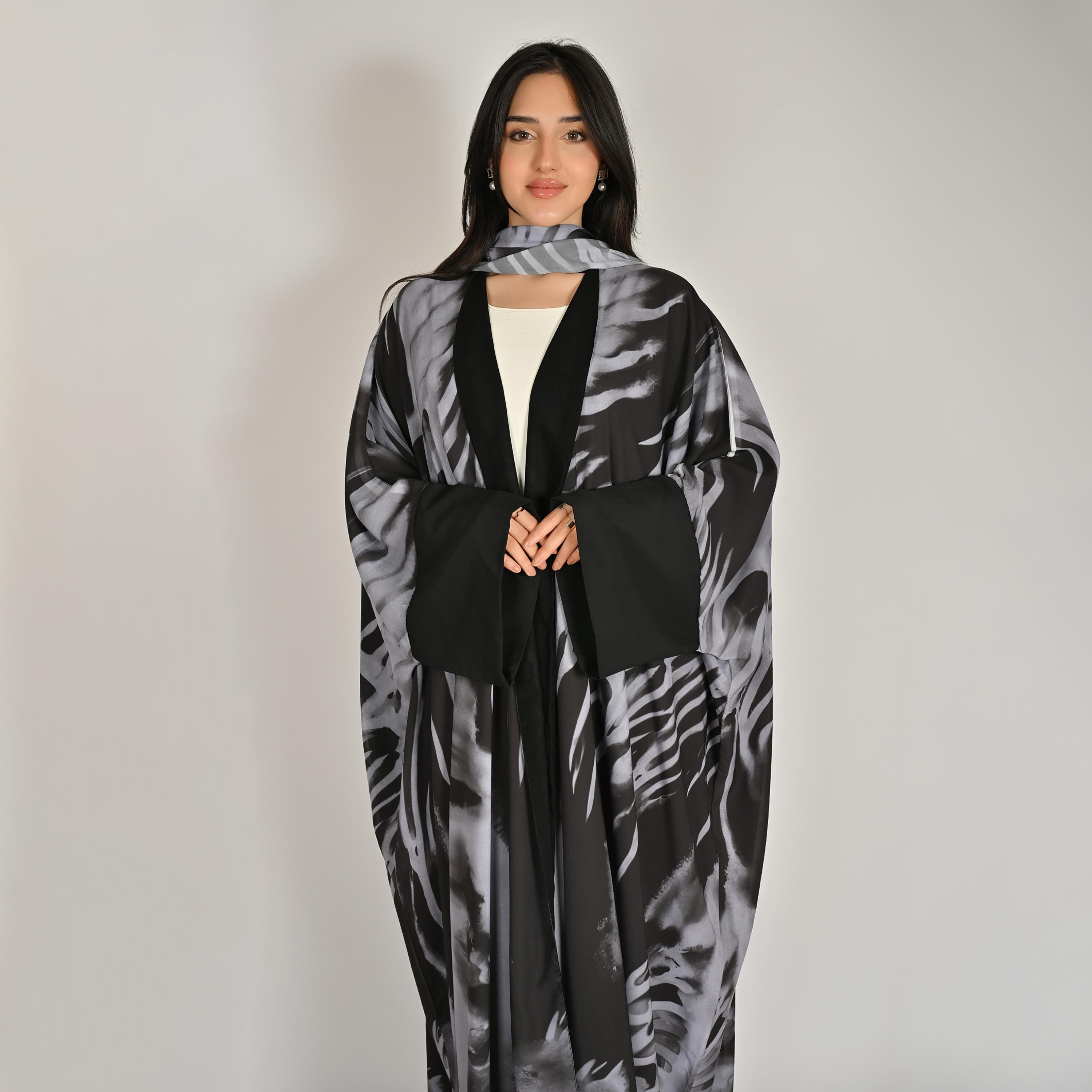 Hawraa Wide Sleeves All Over Abstract Women's Butterfly Linen Abaya with Hijab-women-arabicclothing-abayas-image-2