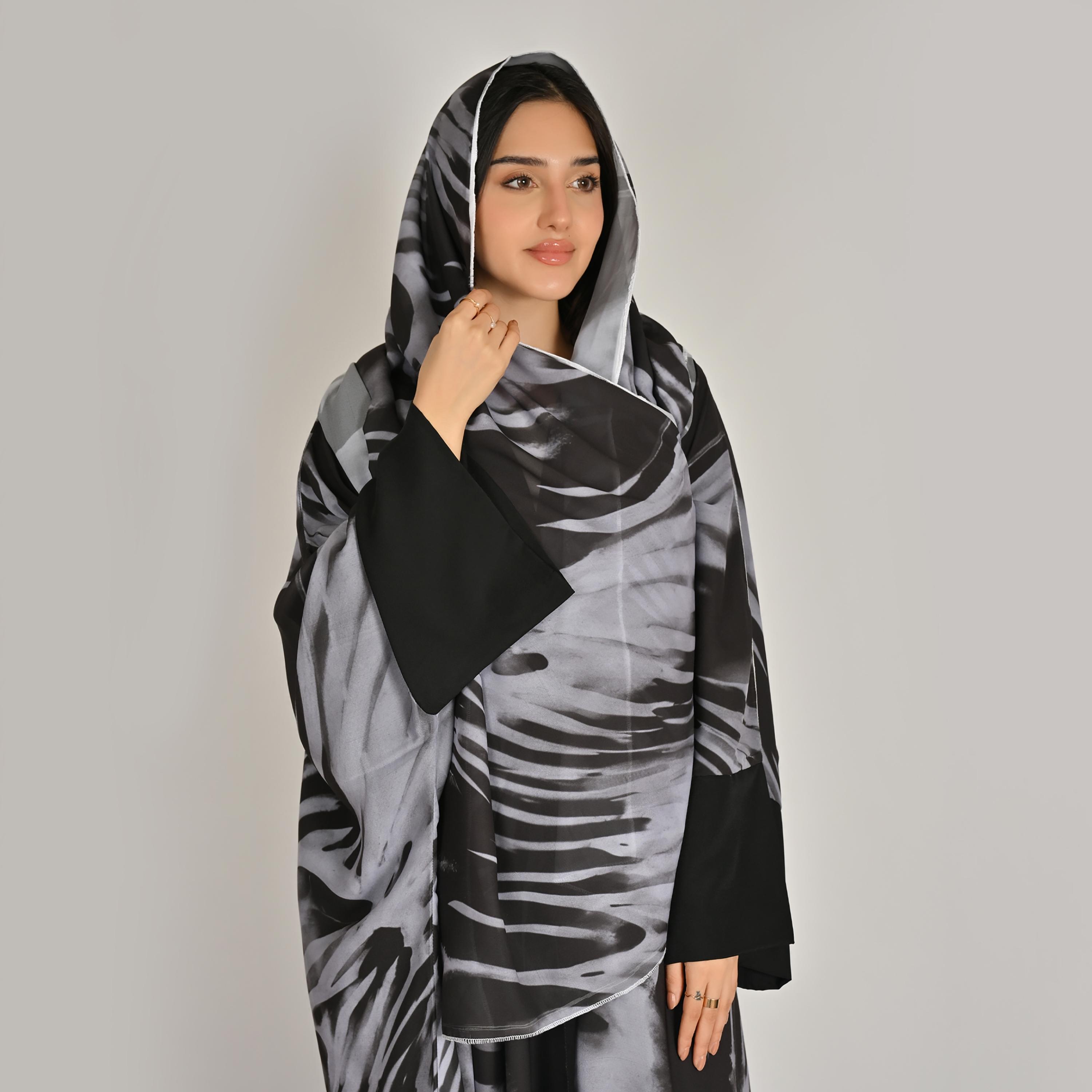 Hawraa Wide Sleeves All Over Abstract Women's Butterfly Linen Abaya with Hijab-women-arabicclothing-abayas-image-3