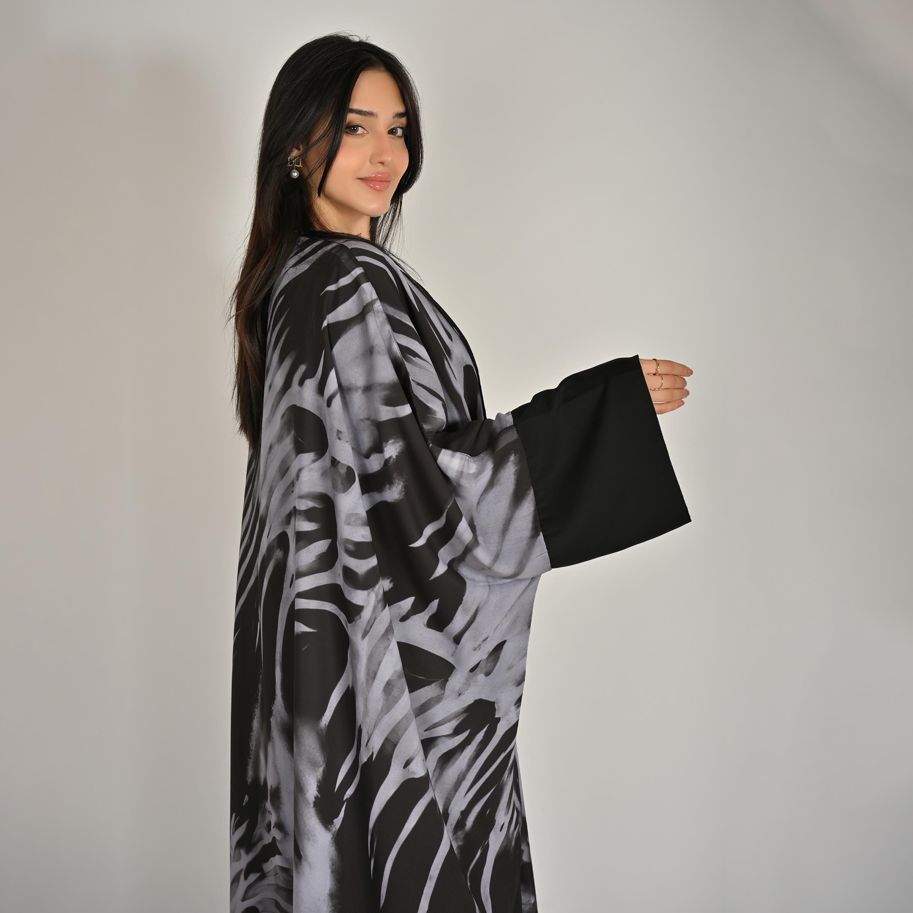 Hawraa Wide Sleeves All Over Abstract Women's Butterfly Linen Abaya with Hijab-women-arabicclothing-abayas-image-4