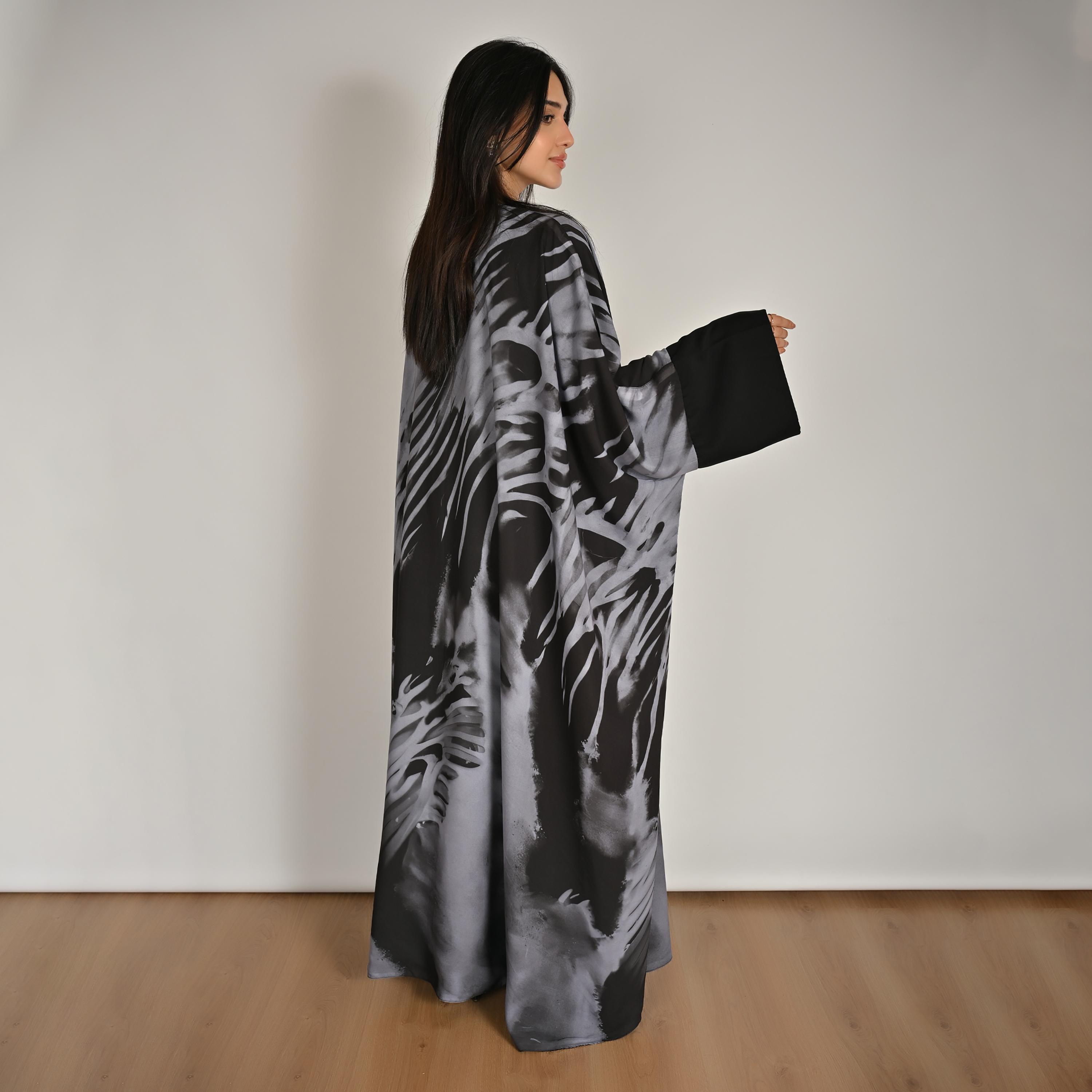 Hawraa Wide Sleeves All Over Abstract Women's Butterfly Linen Abaya with Hijab-women-arabicclothing-abayas-image-5