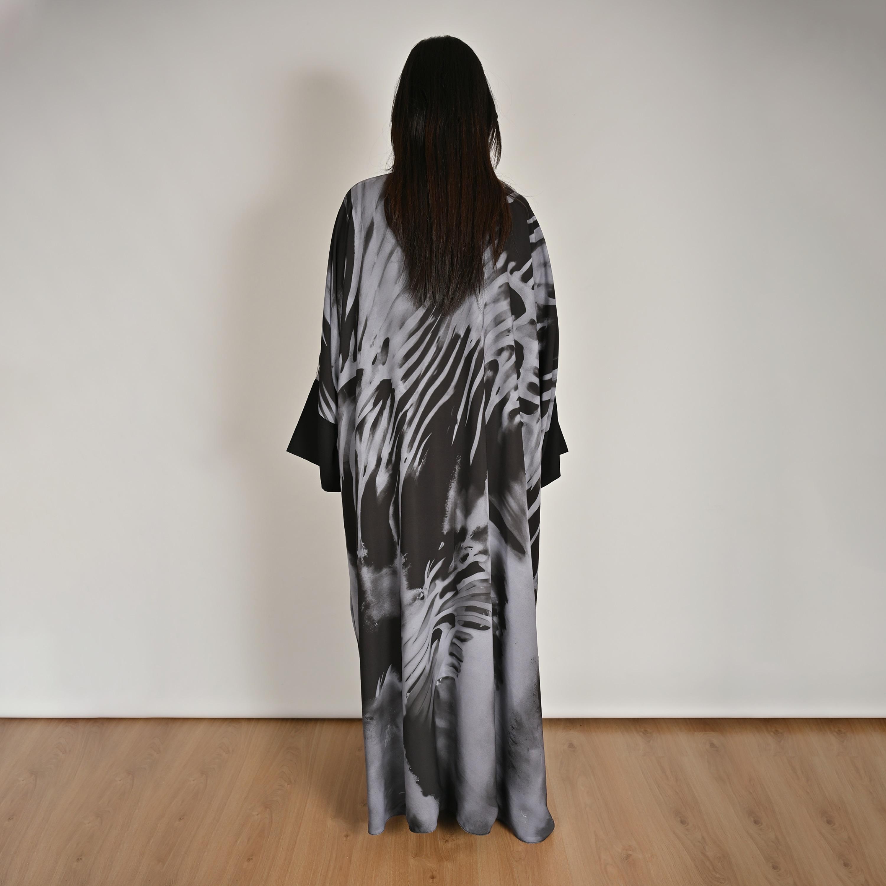 Hawraa Wide Sleeves All Over Abstract Women's Butterfly Linen Abaya with Hijab-women-arabicclothing-abayas-image-6