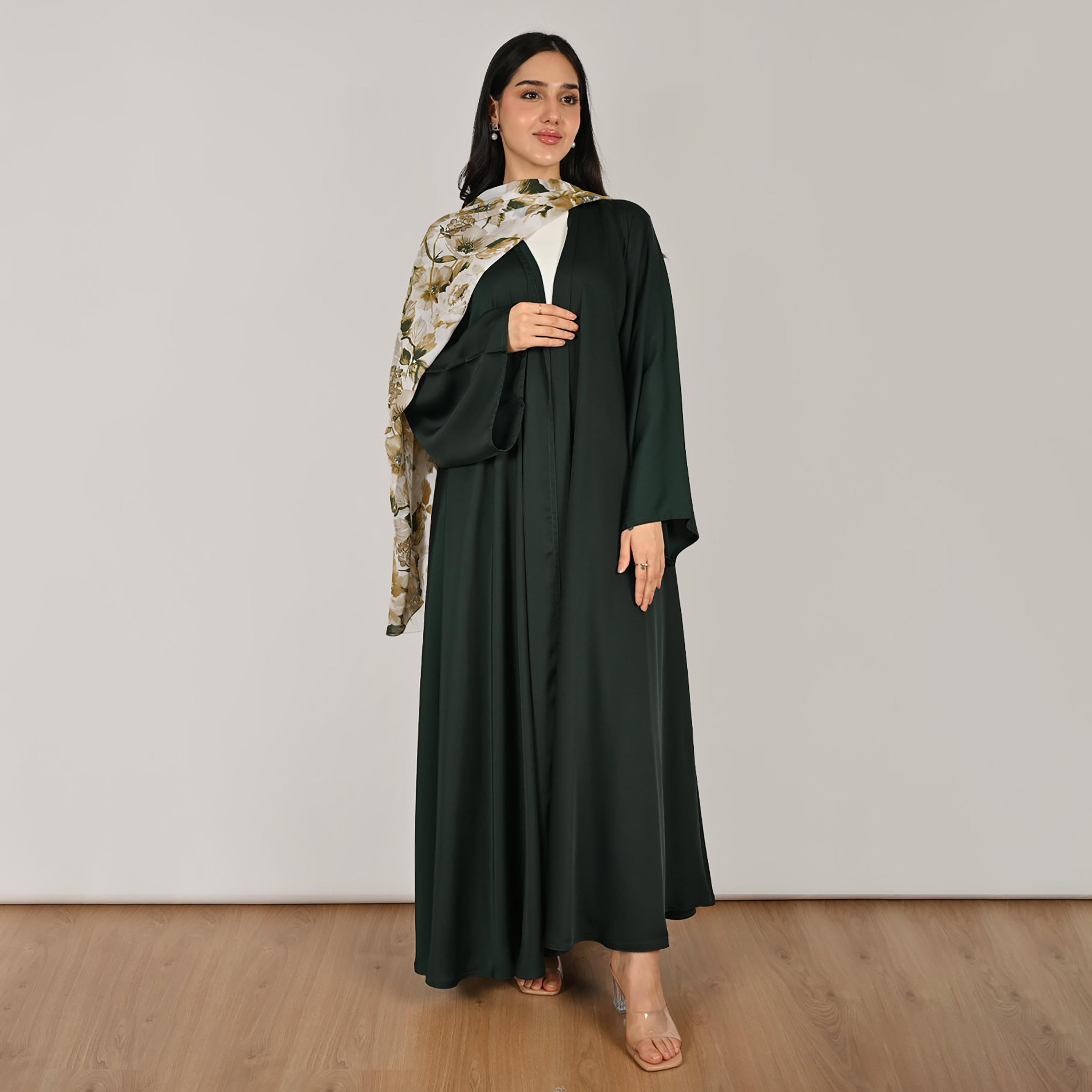 Hawraa Green Wide Sleeves Flared Cut Open Front Women's Linen Abaya with Printed Hijab-women-arabicclothing-abayas-image-1