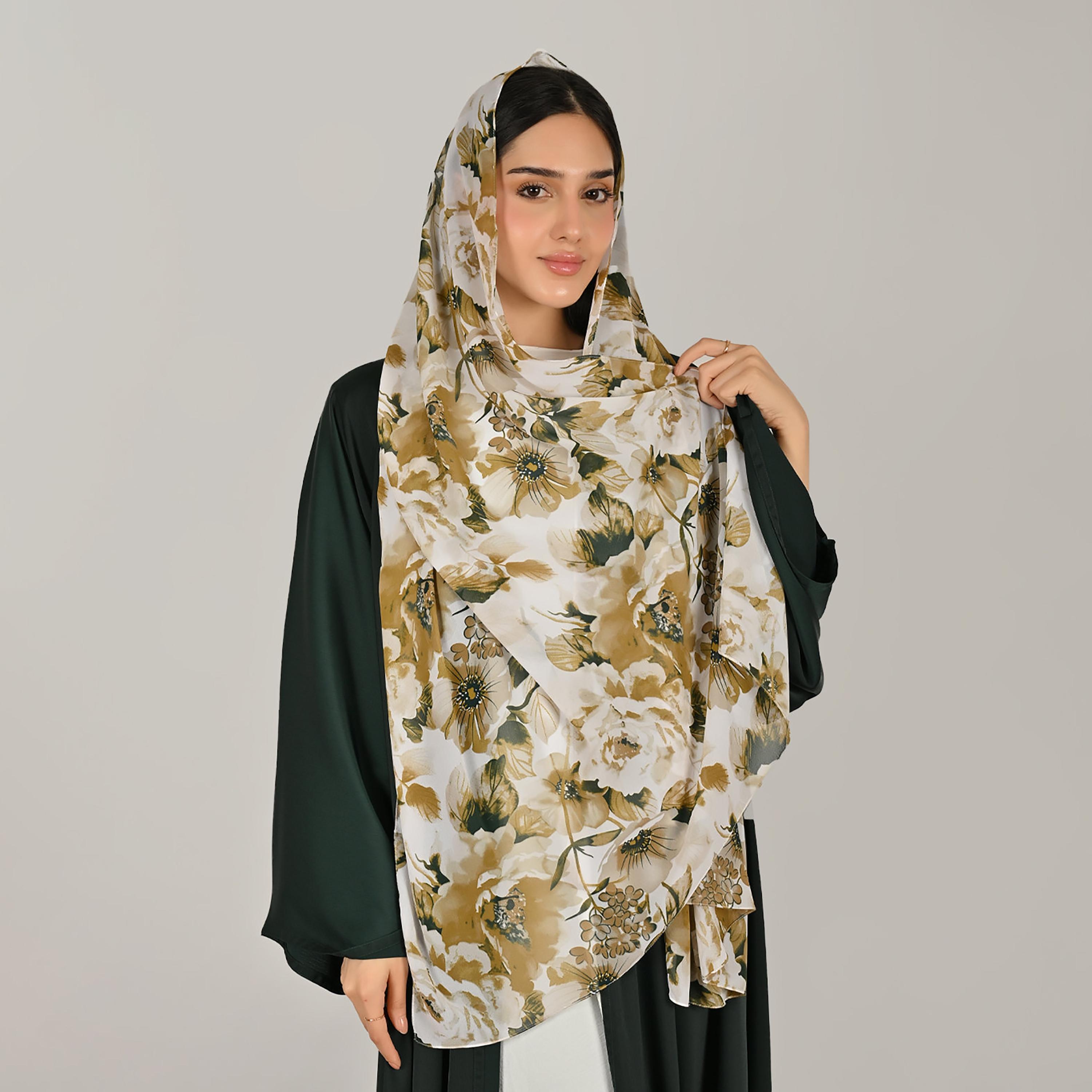 Hawraa Green Wide Sleeves Flared Cut Open Front Women's Linen Abaya with Printed Hijab-women-arabicclothing-abayas-image-2