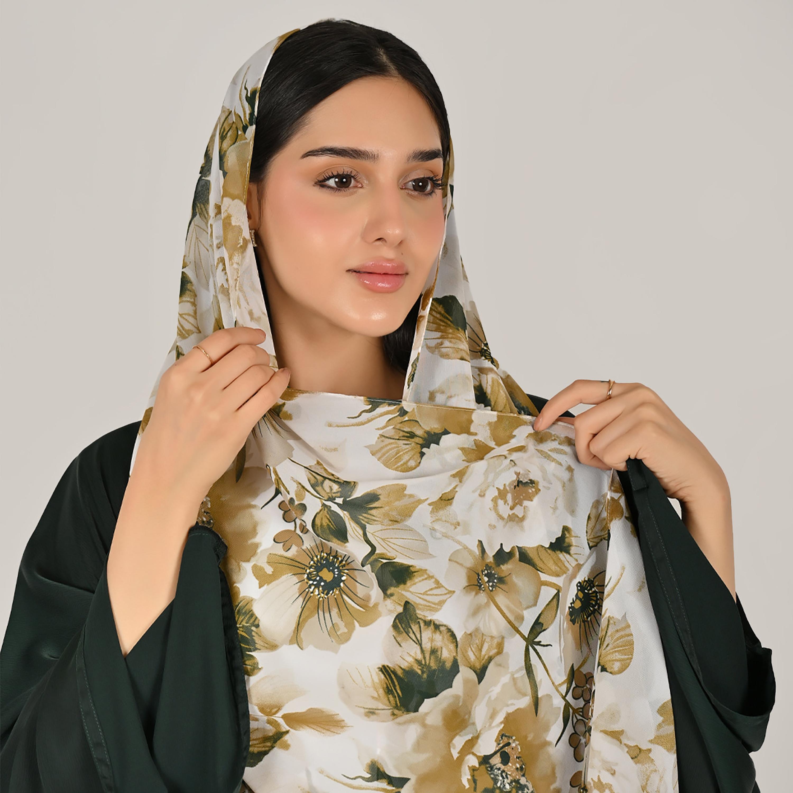Hawraa Green Wide Sleeves Flared Cut Open Front Women's Linen Abaya with Printed Hijab-women-arabicclothing-abayas-image-3