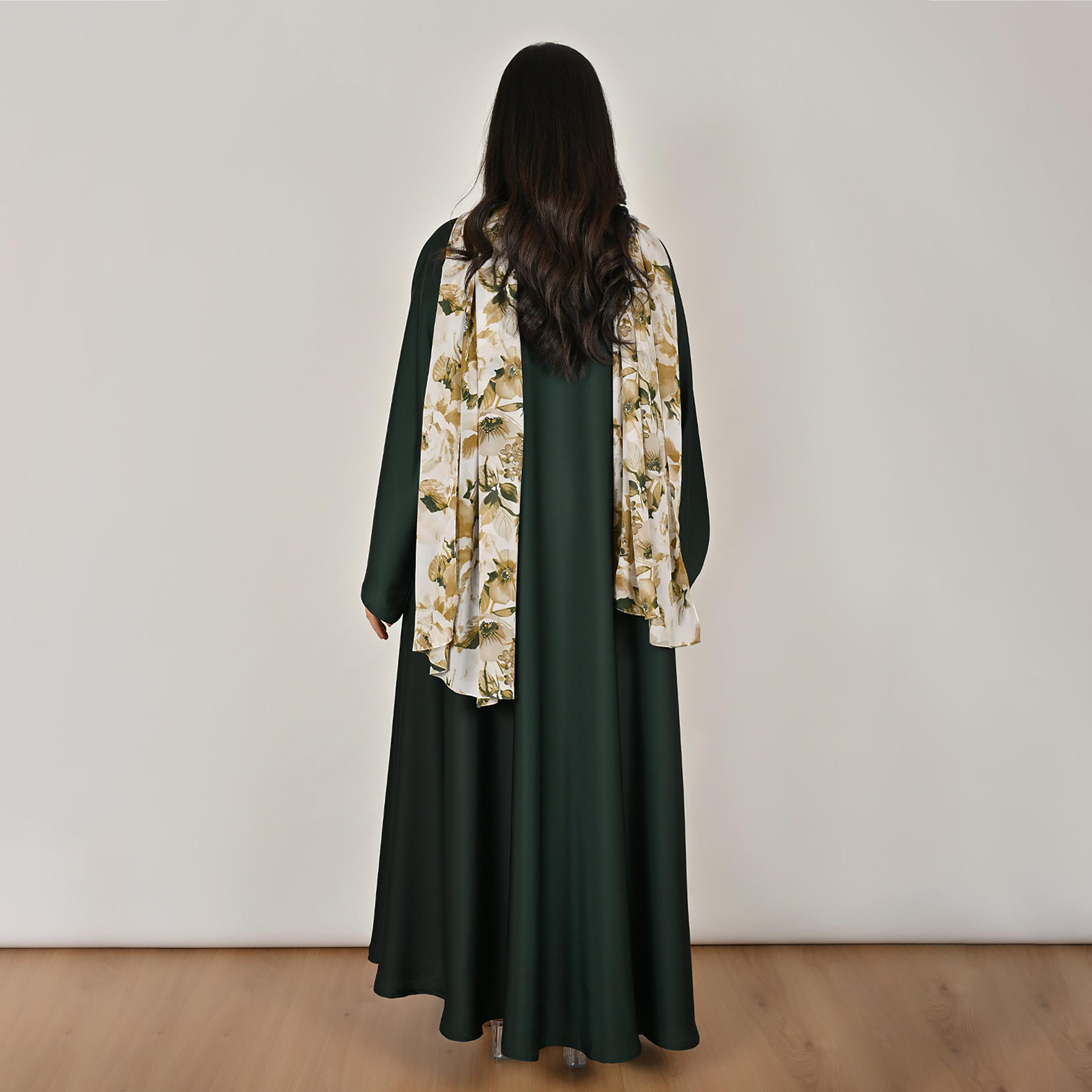 Hawraa Green Wide Sleeves Flared Cut Open Front Women's Linen Abaya with Printed Hijab-women-arabicclothing-abayas-image-4